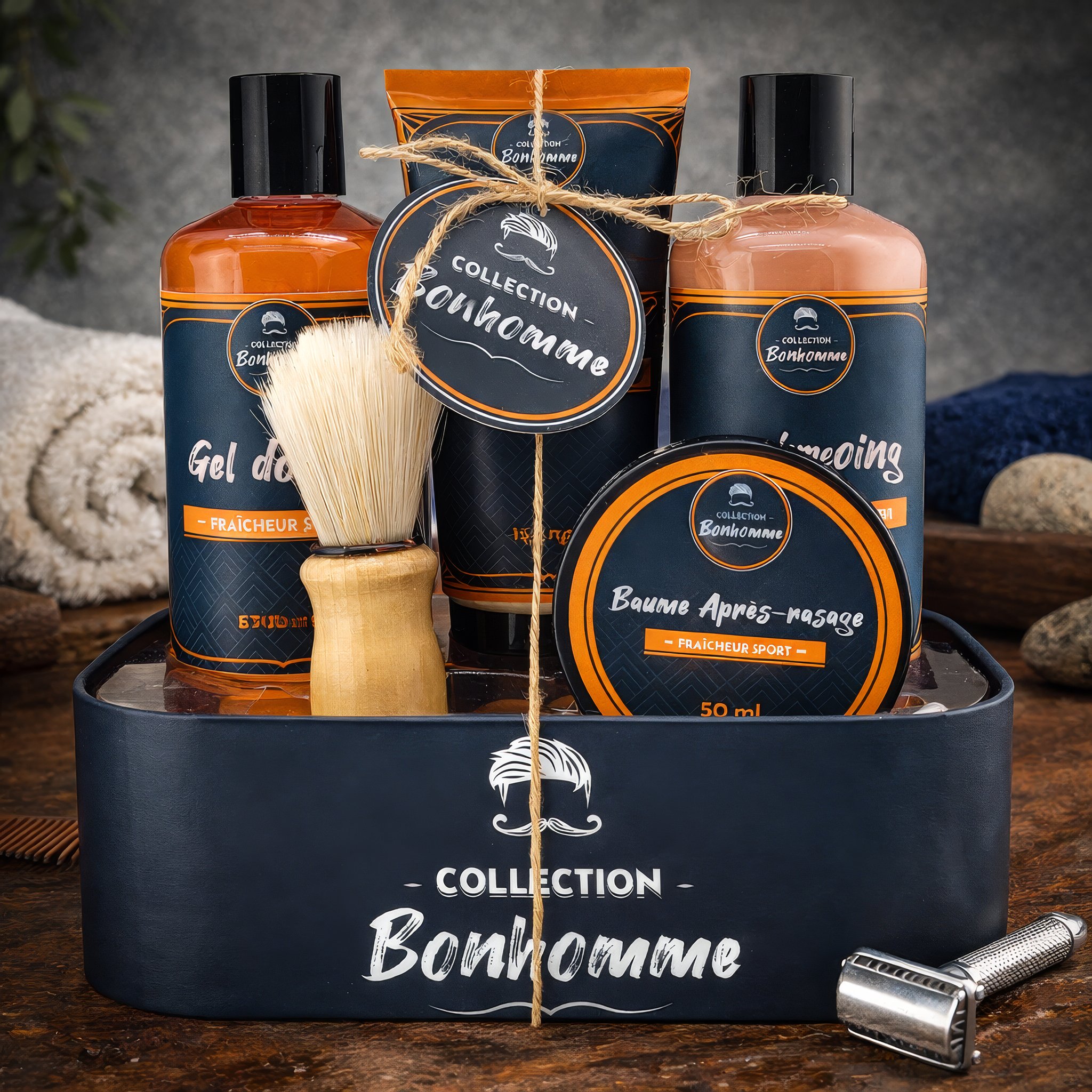 Bonhomme Herren-Geschenkset Sportliche Frische in der Geschenkbox auf einem Holztisch