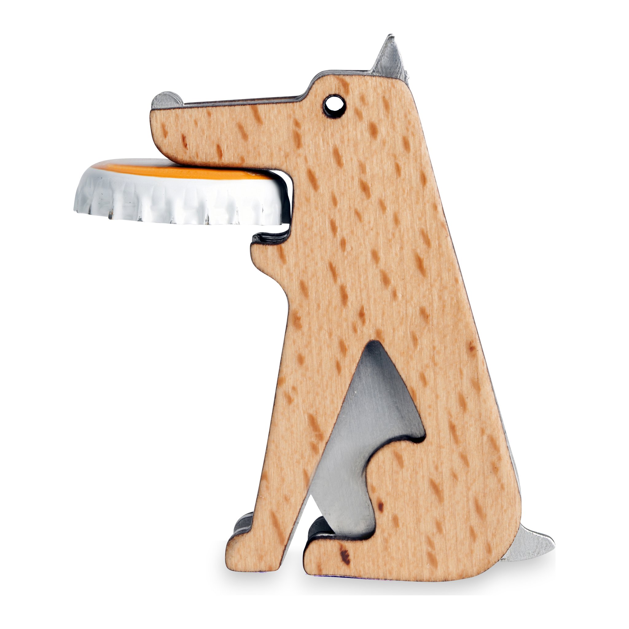 Fang!-Flaschenöffner aus Holz in Hundeform mit Kronkorken