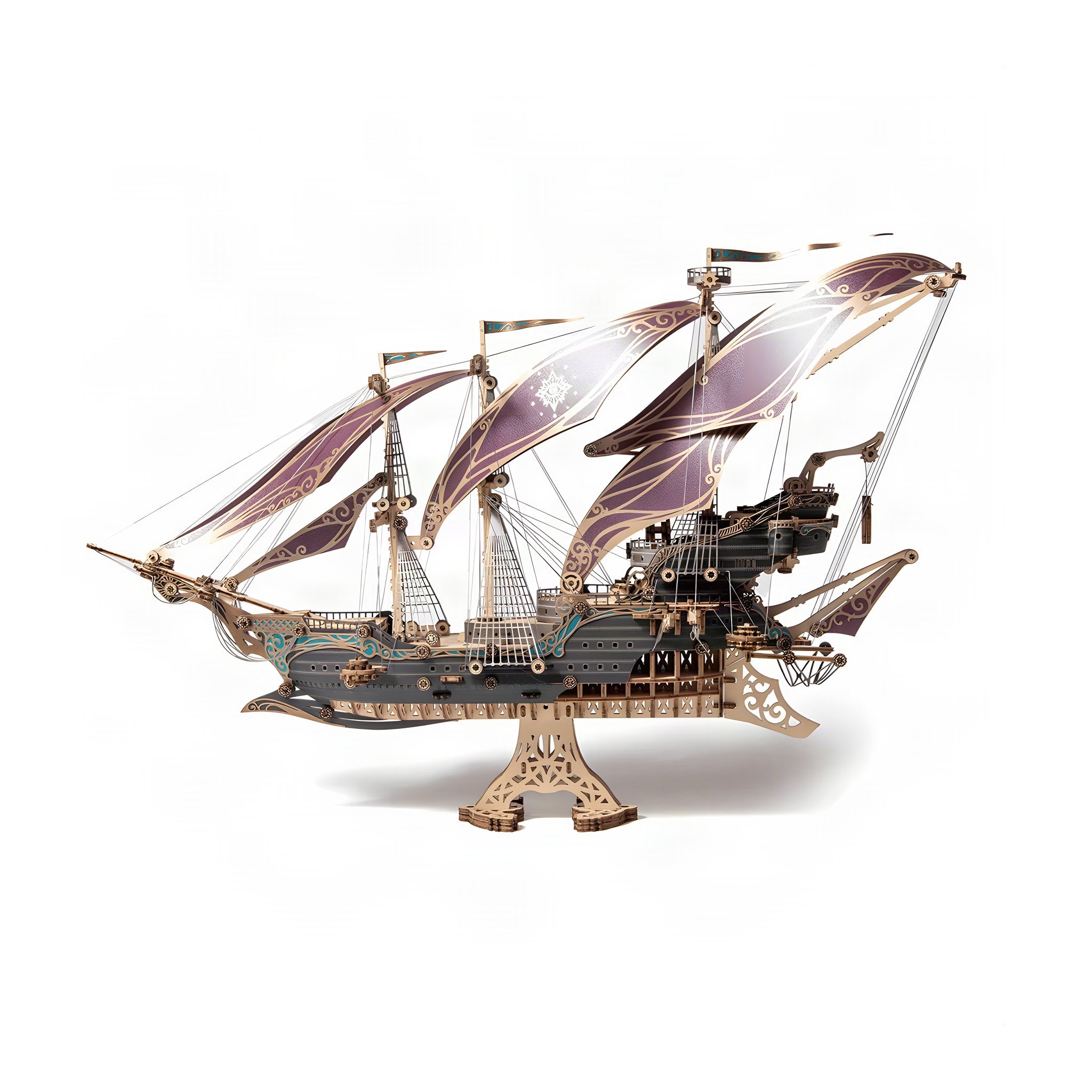 Future corsair ship in wood and paper with purple sails on a curved stand