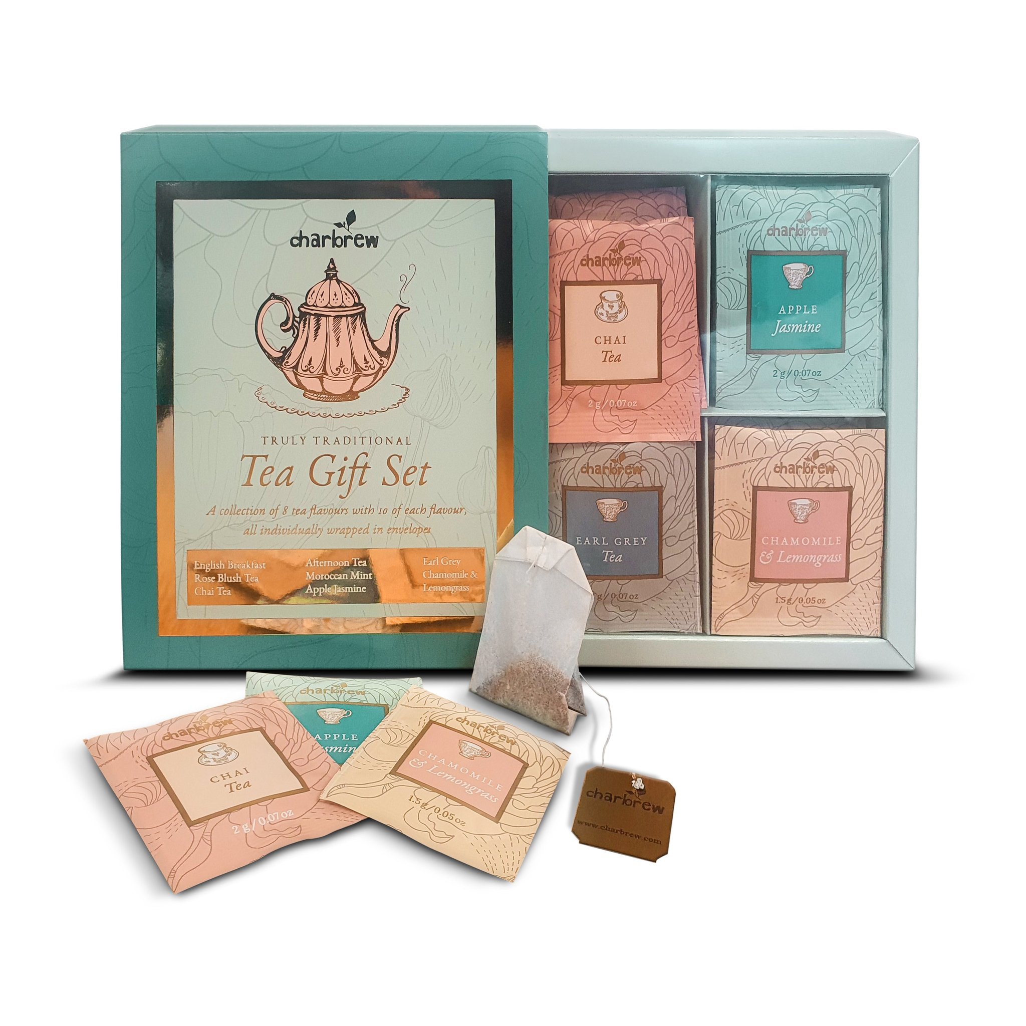 Set regalo di tè Truly Traditional di Charbrew con otto gusti e bustine confezionate singolarmente