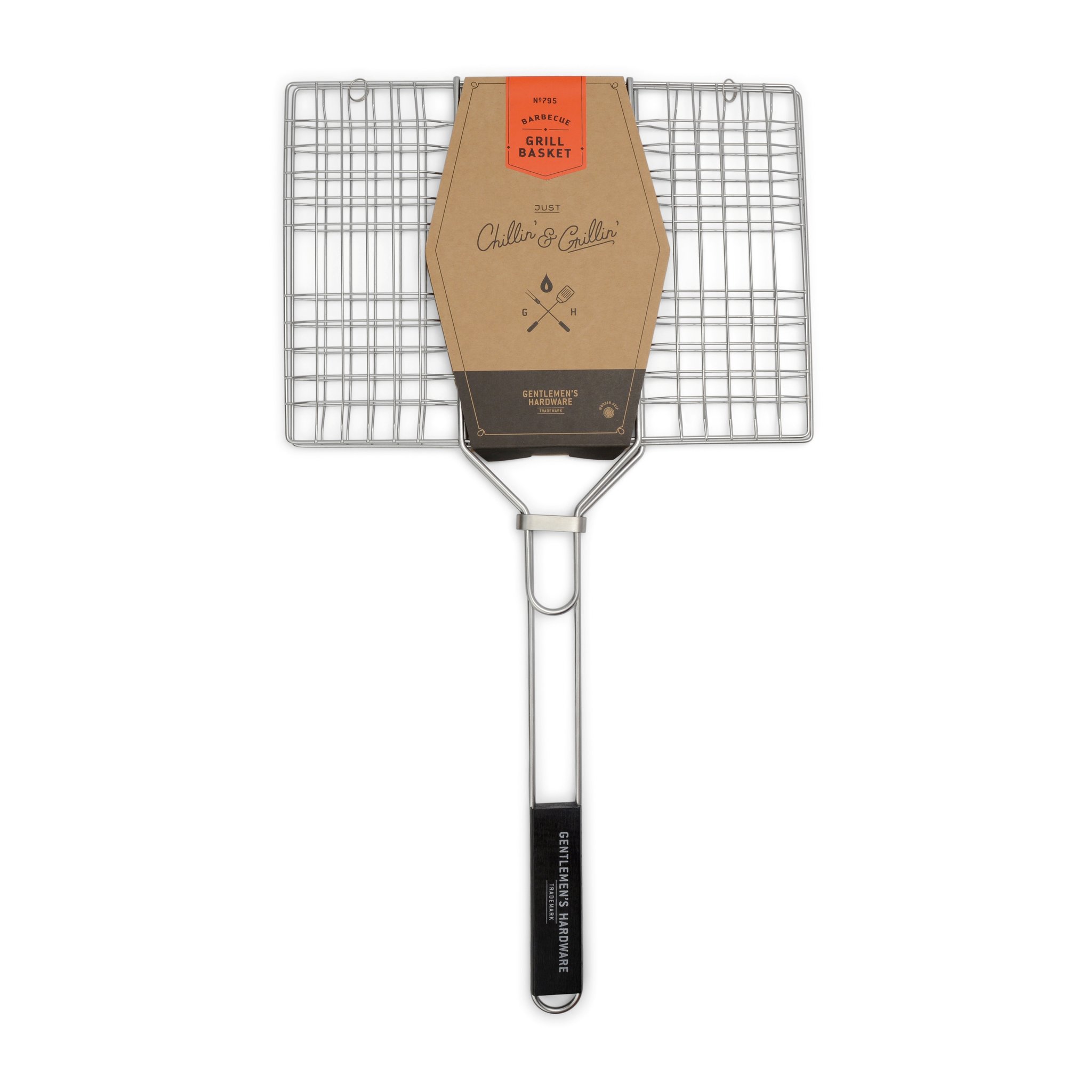 Cestino per barbecue con manico nero e fascetta di cartone marrone «Barbecue Grill Basket», su sfondo bianco