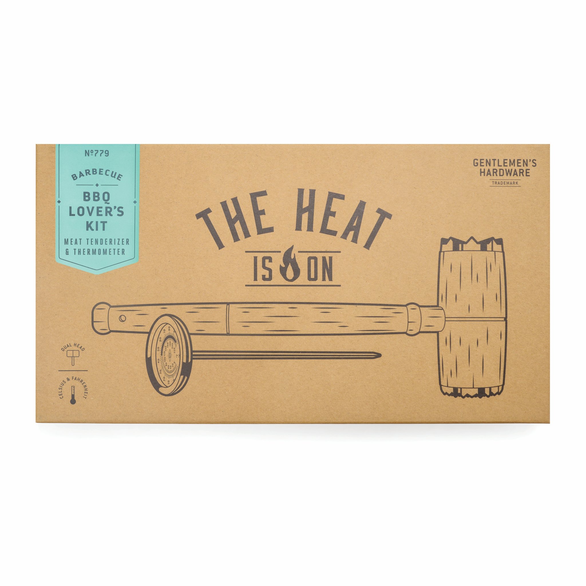 Cardboard box of the BBQ Lovers Kit with «The Heat is On» print and an illustration of a mallet and thermometer