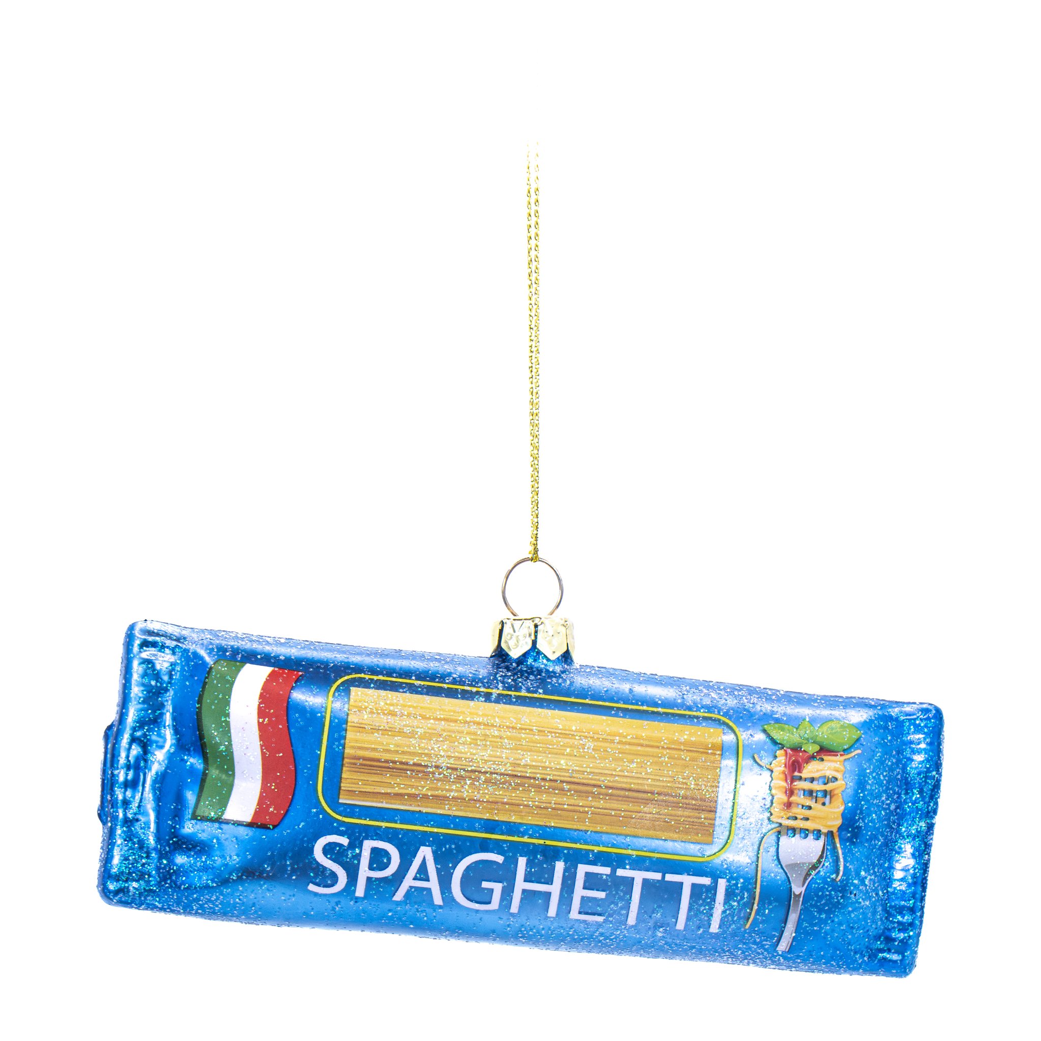 Pacco di spaghetti in vetro blu con strisce verde, bianco e rosso, decorazione per l'albero