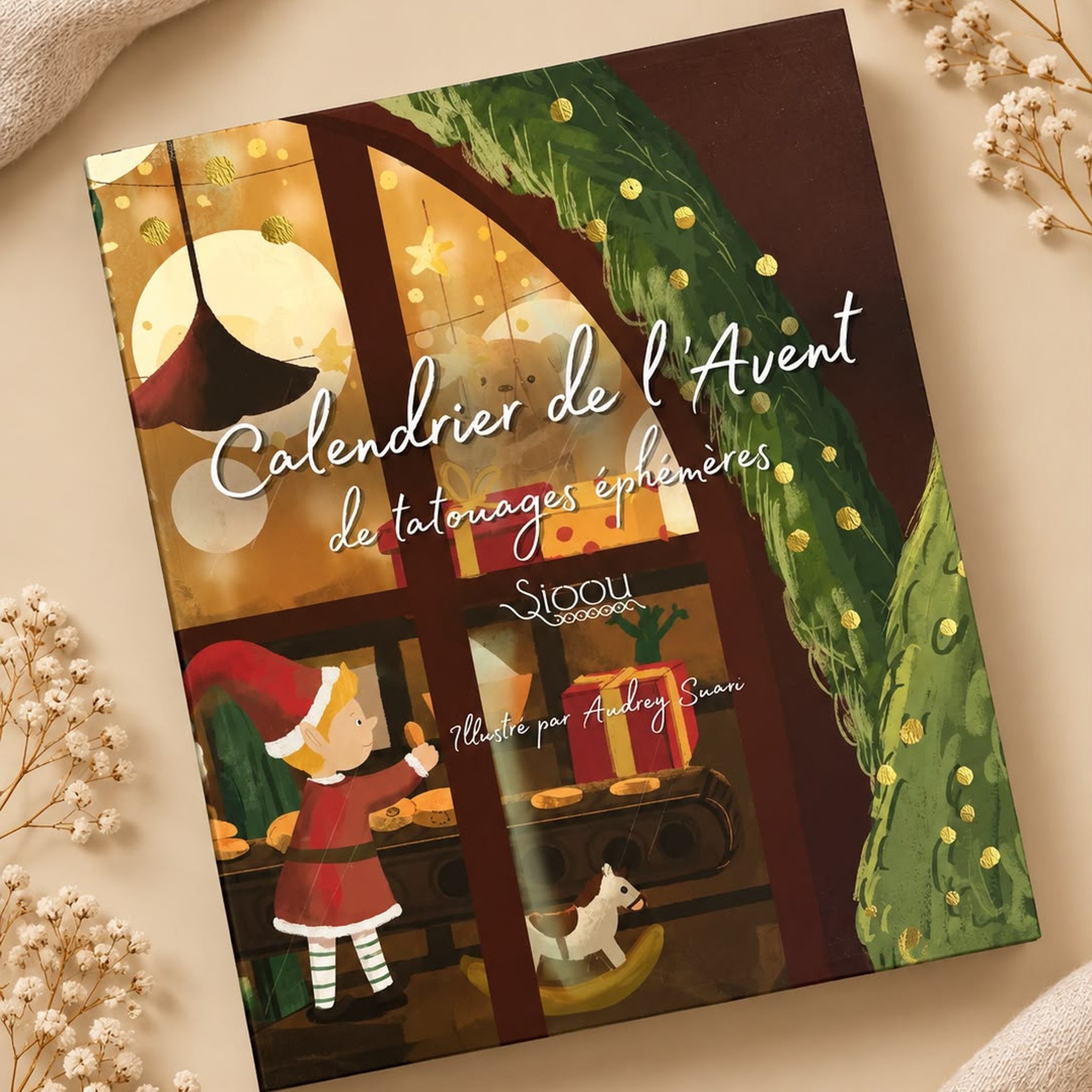 Closed Christmas Workshop tattoo advent calendar with an elf in front of a toy workshop window