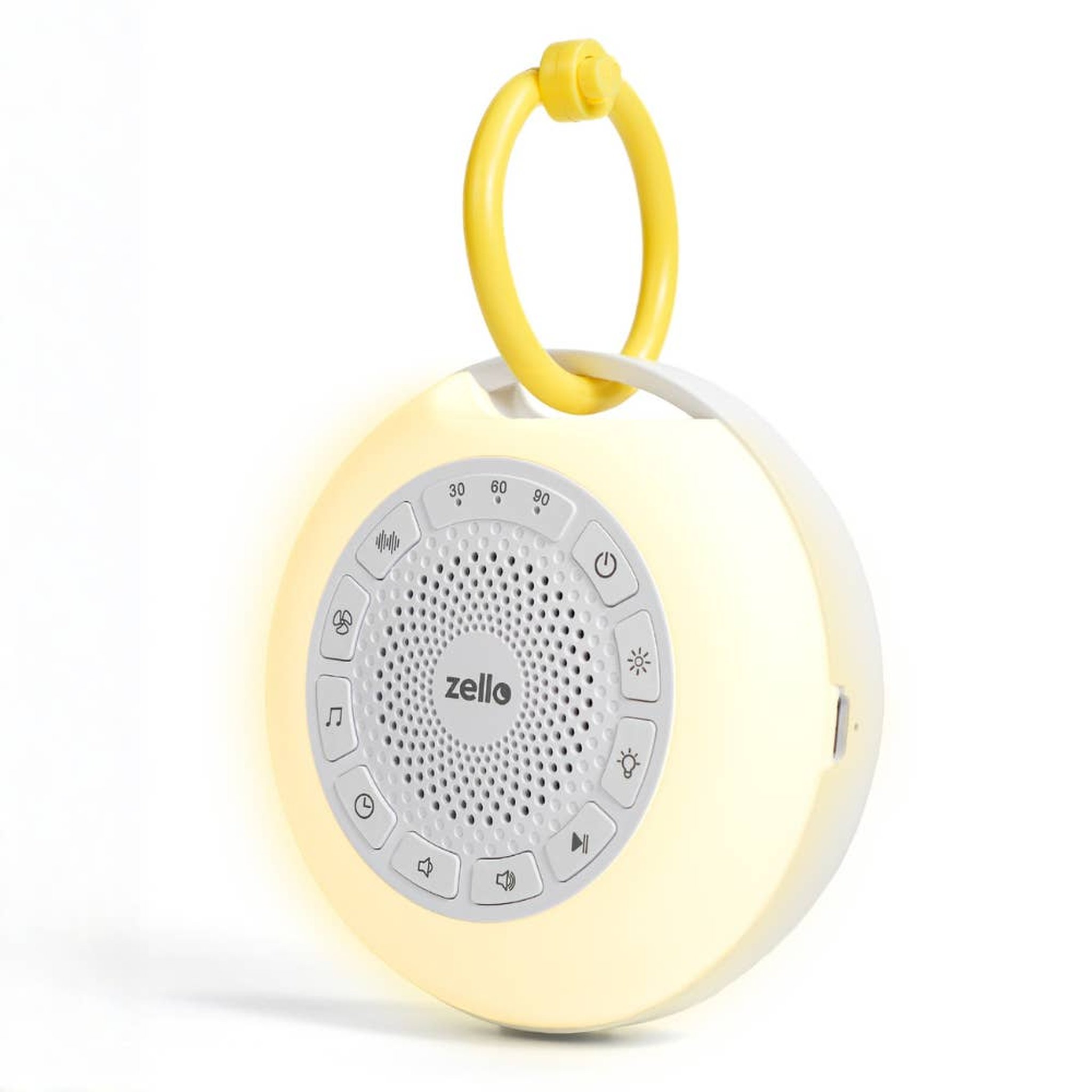 White Noise Maschine mit Nachtlicht und gelbem Befestigungsring