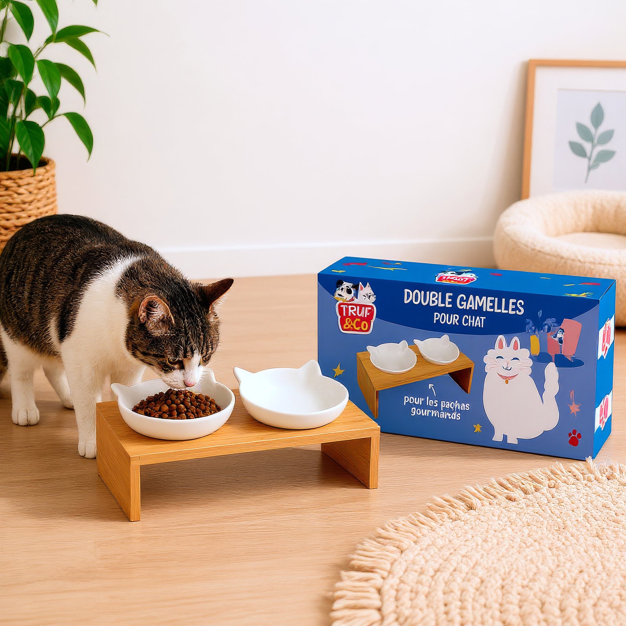 Cat at the raised ceramic and bamboo double bowl next to the packaging