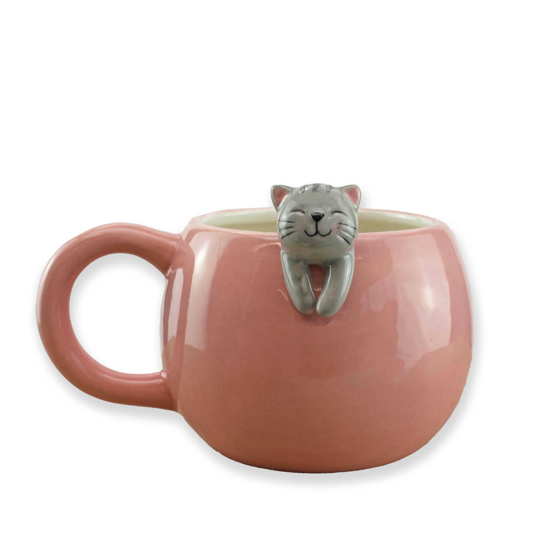 Tasse Chaton Paresseux rose avec chaton sur le bord, vue latérale sur fond blanc