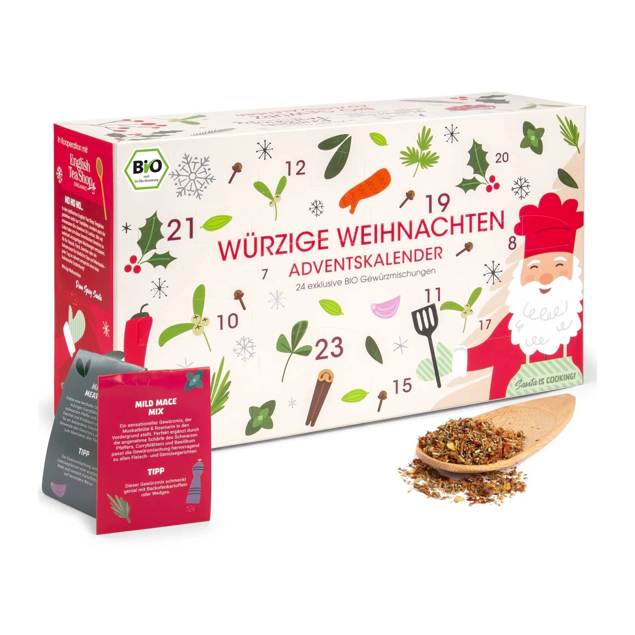 Spice advent calendar with Santa chef, a spice sachet and loose spices in front