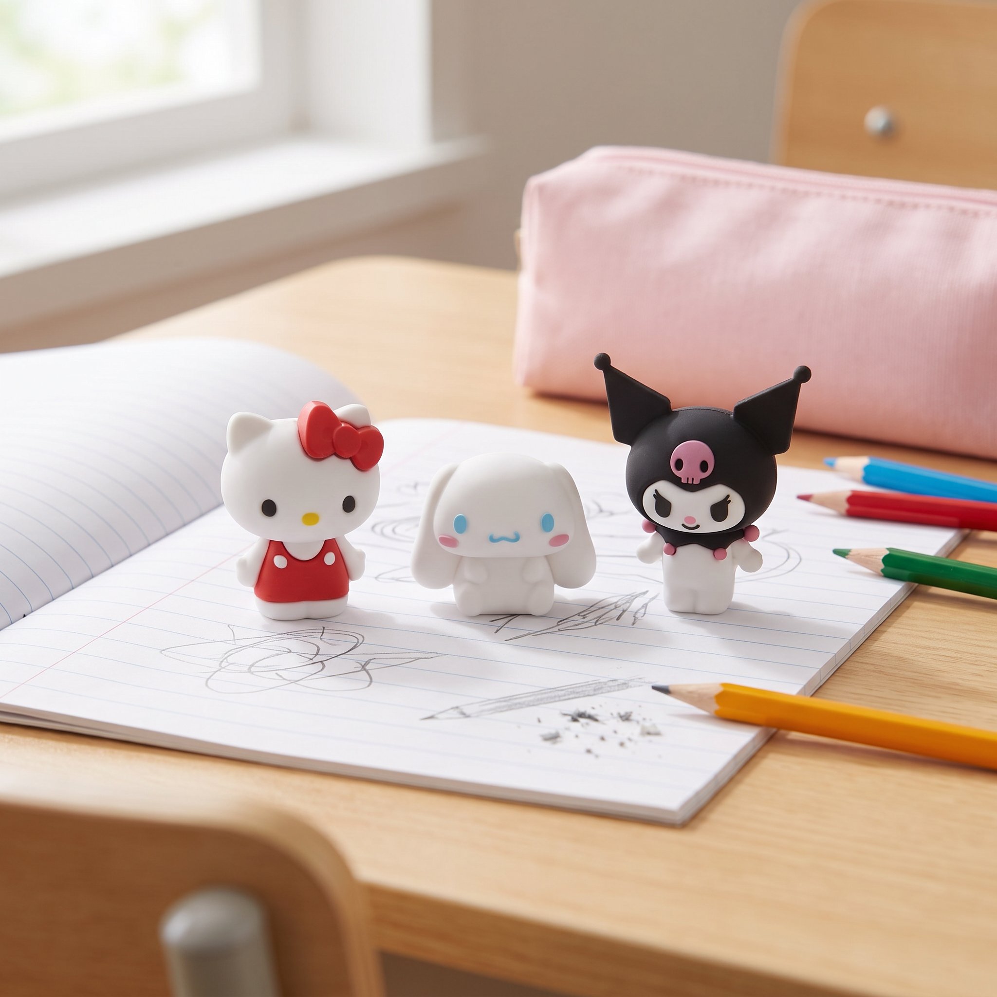 Die drei Figuren-Radiergummis Hello Kitty, Cinnamoroll und Kuromi auf einem Schreibtisch mit Farbstiften
