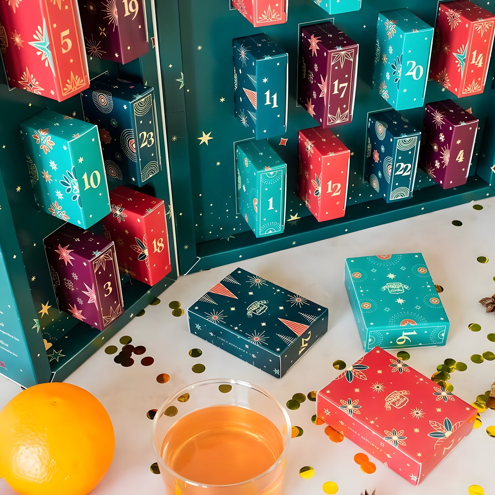 Nahaufnahme der geöffneten Schächtelchen im Kalender, daneben Orange und Tasse Tee