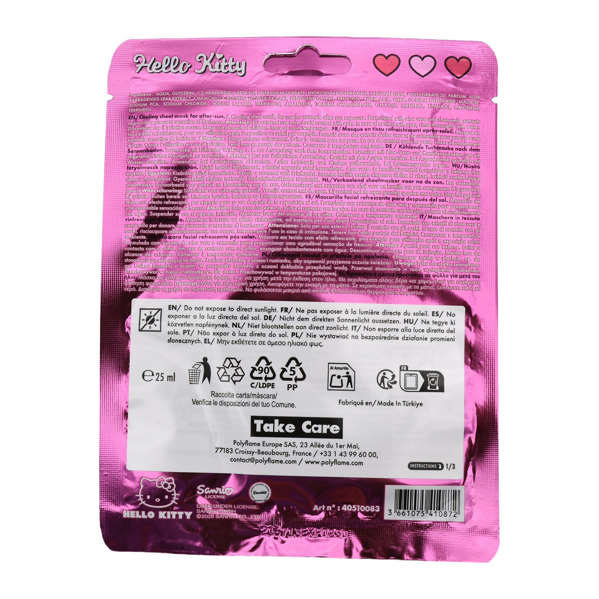 Back of the Hello Kitty sheet mask with 25 ml content and manufacturer details