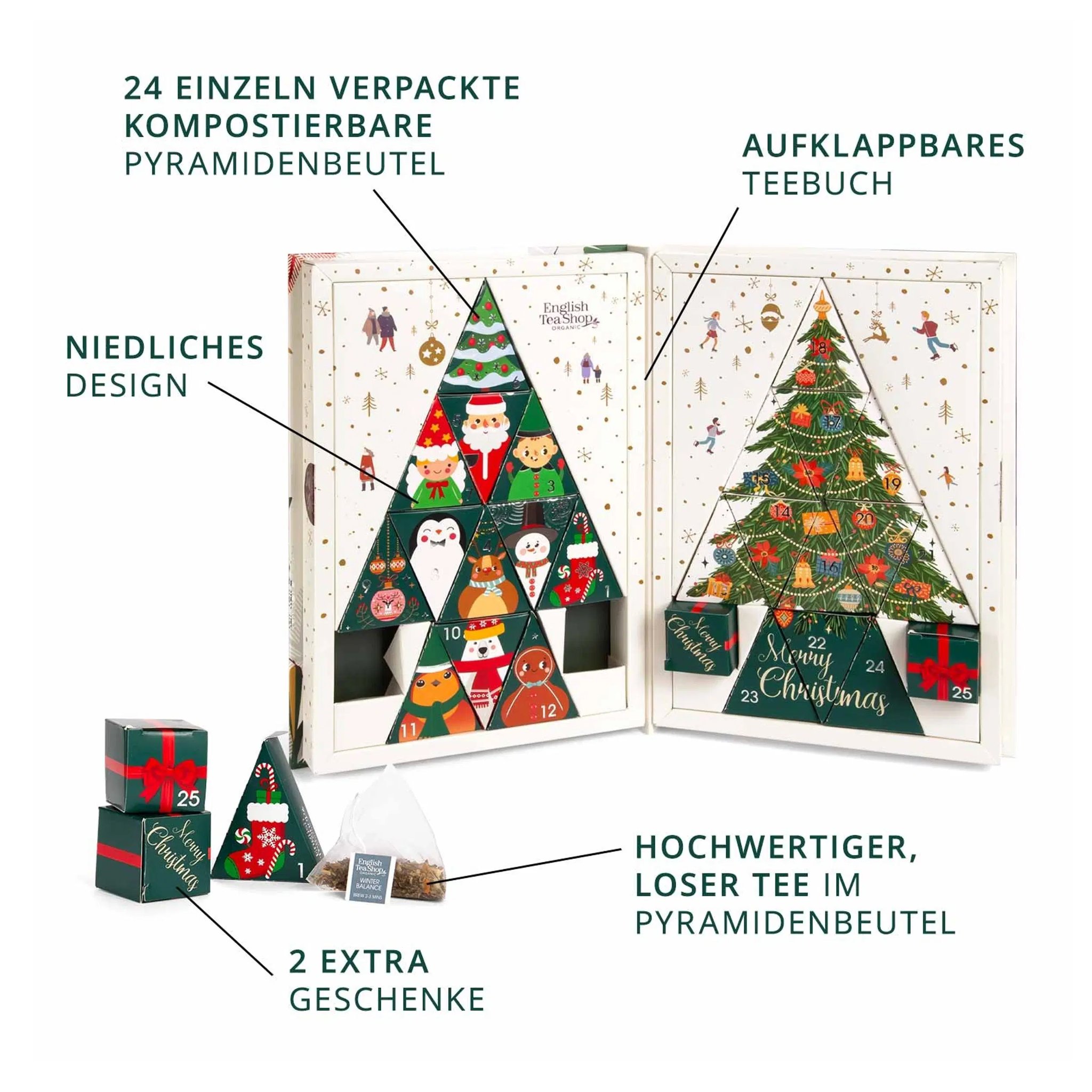 Overview of the tea advent calendar with 24 pyramid tea bags, fold-out tea book and two extra gifts