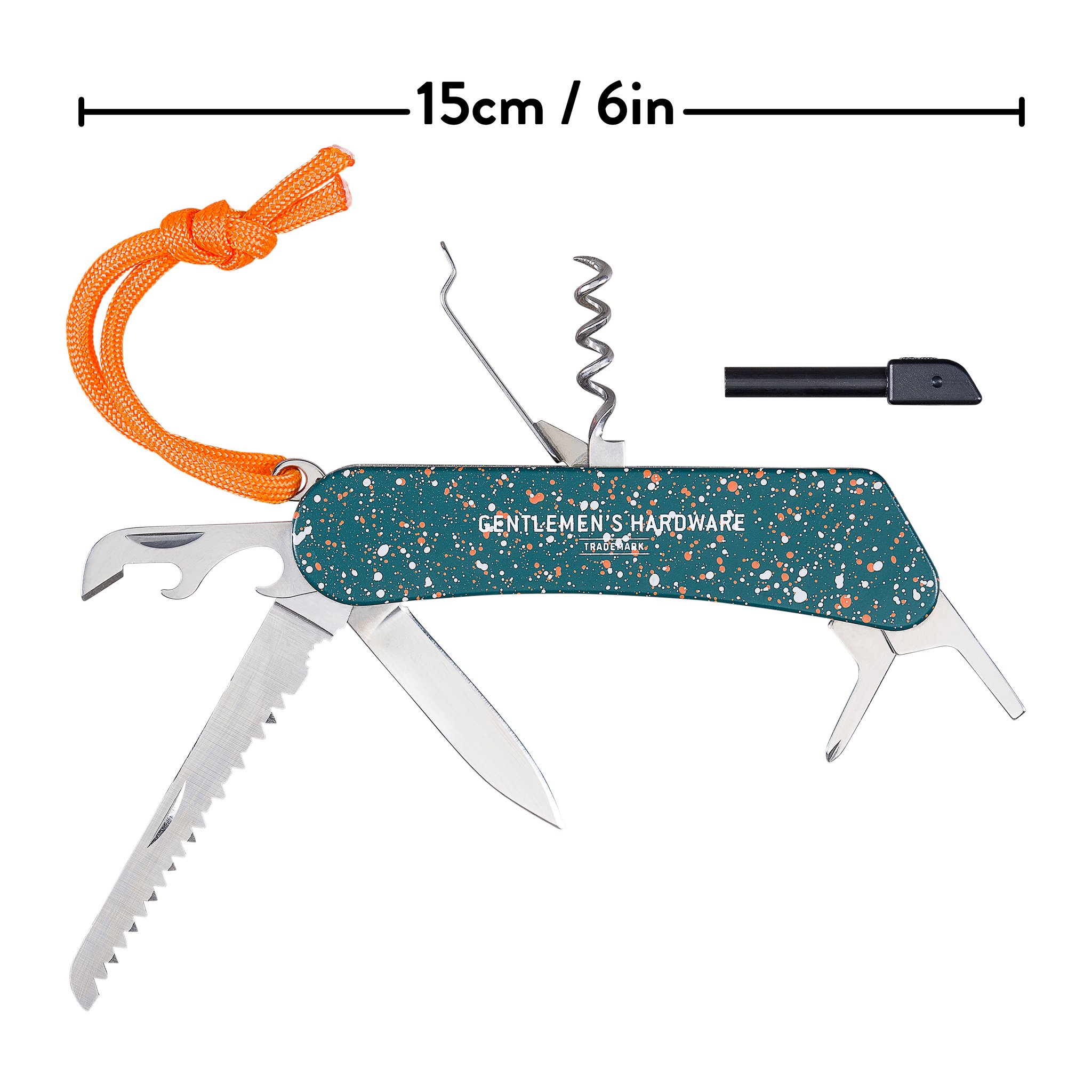 Wildnis Multitool mit ausgeklappten Werkzeugen und Feuerstahl, mit eingeblendeter Längenangabe darüber