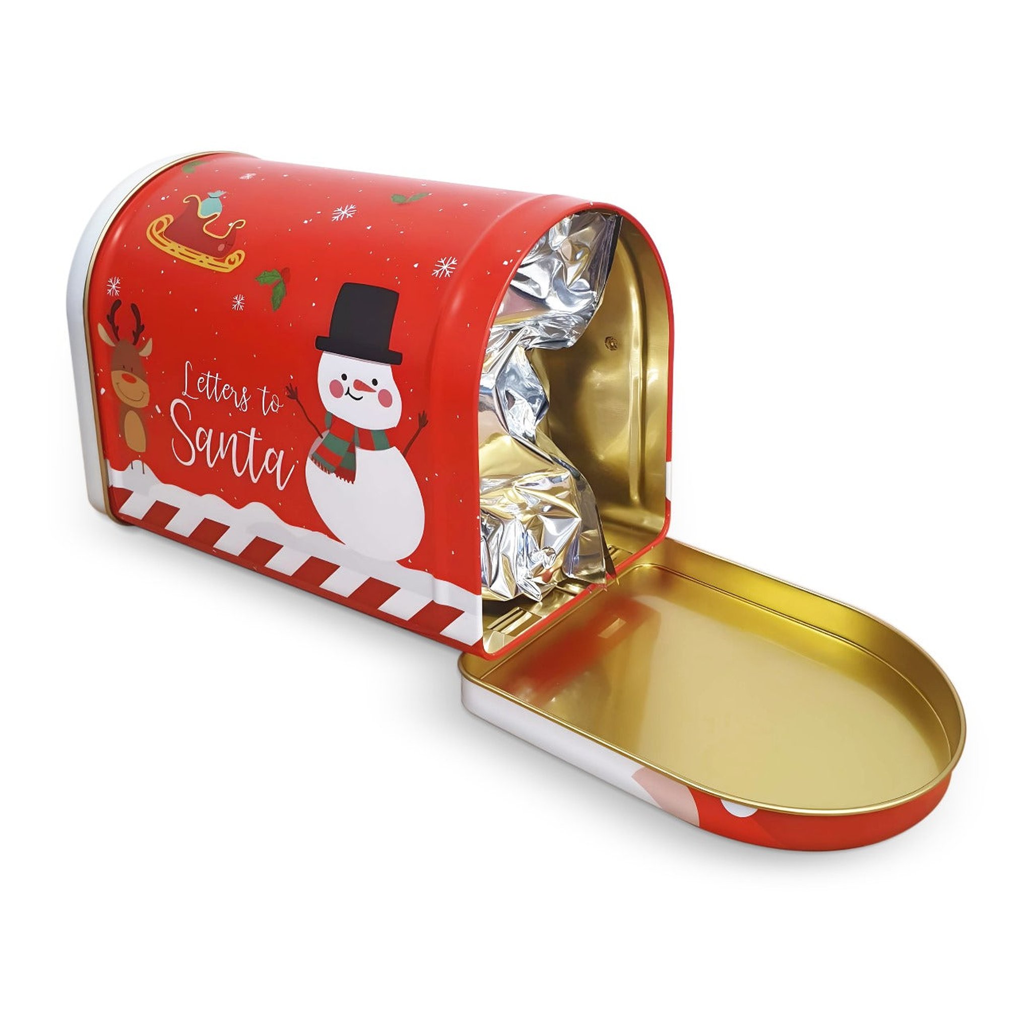Opened Christmas post tea tin with the lid folded down and foil bag inside