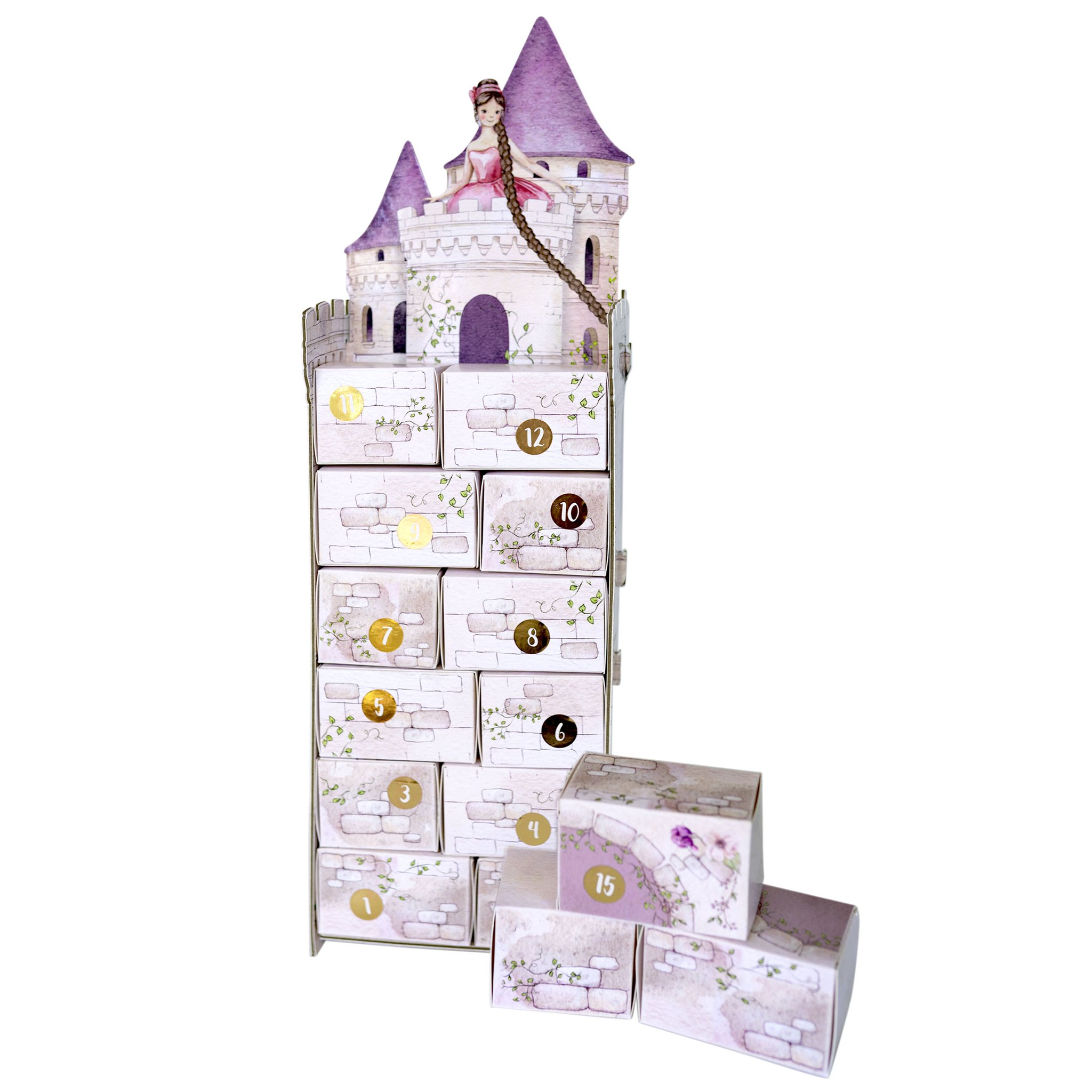 Adventskalender Rapunzelturm: Turm aus 24 Schachteln mit Rapunzel auf der Spitze, drei Schachteln daneben