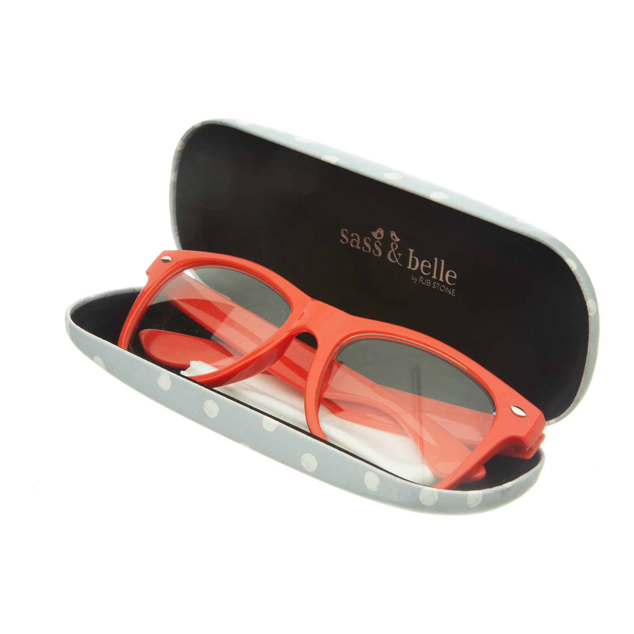 Étui à lunettes Barney ouvert avec lunettes rouges, détouré