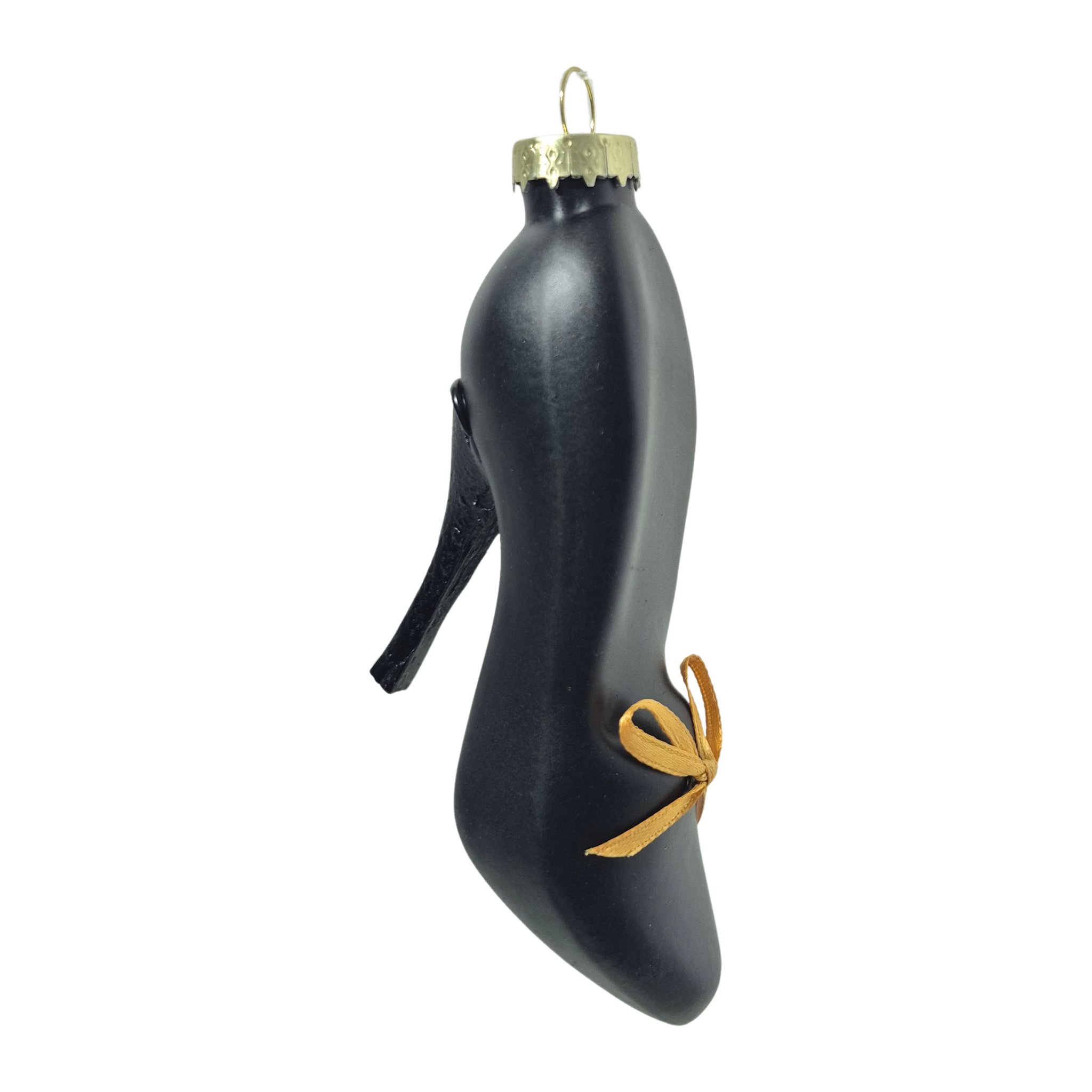 Pendente natalizio a forma di décolleté in vetro nero opaco con fiocco dorato, scontornato