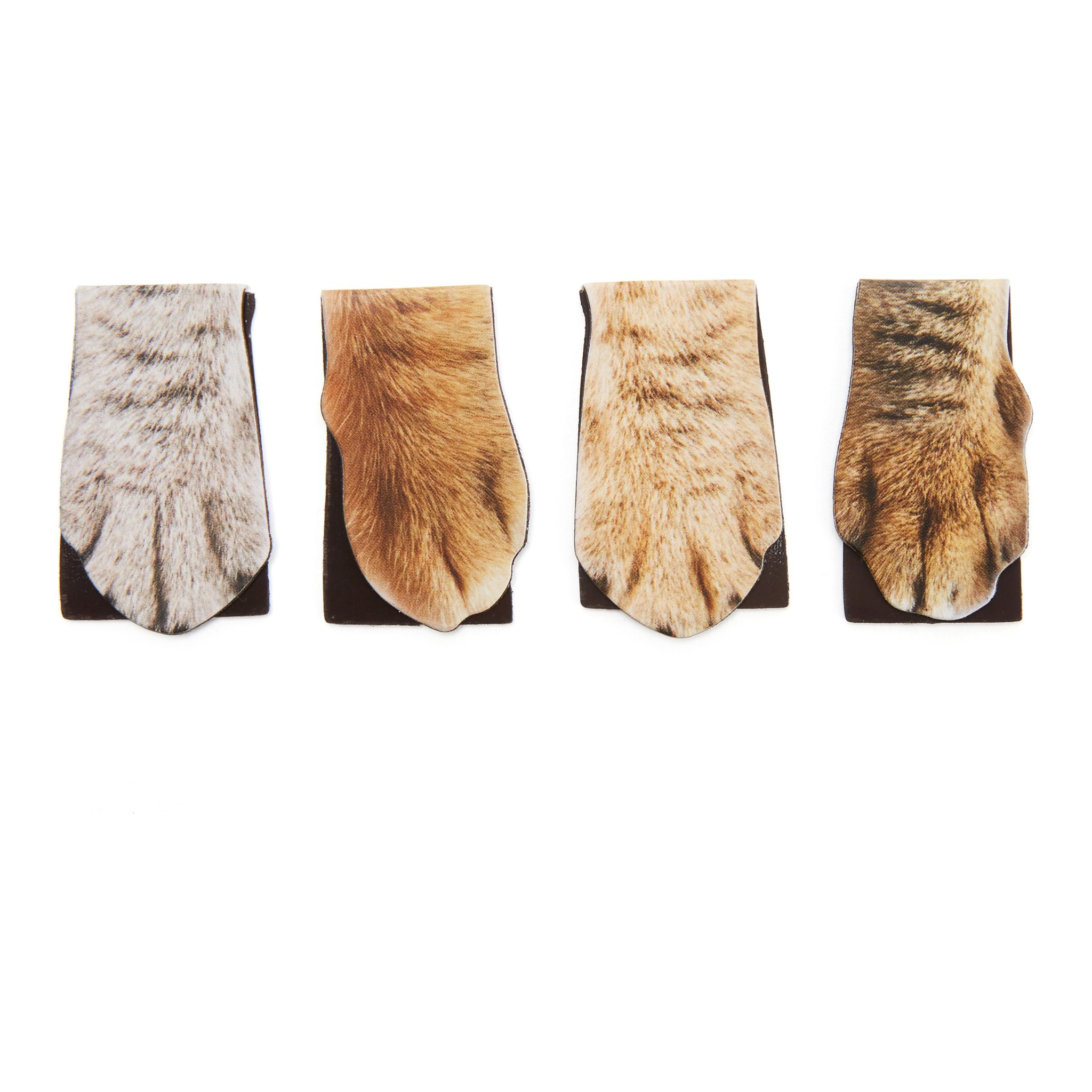 Vier magnetische Katzenpfoten-Lesezeichen in Grau, Beige, Orange und Getigert
