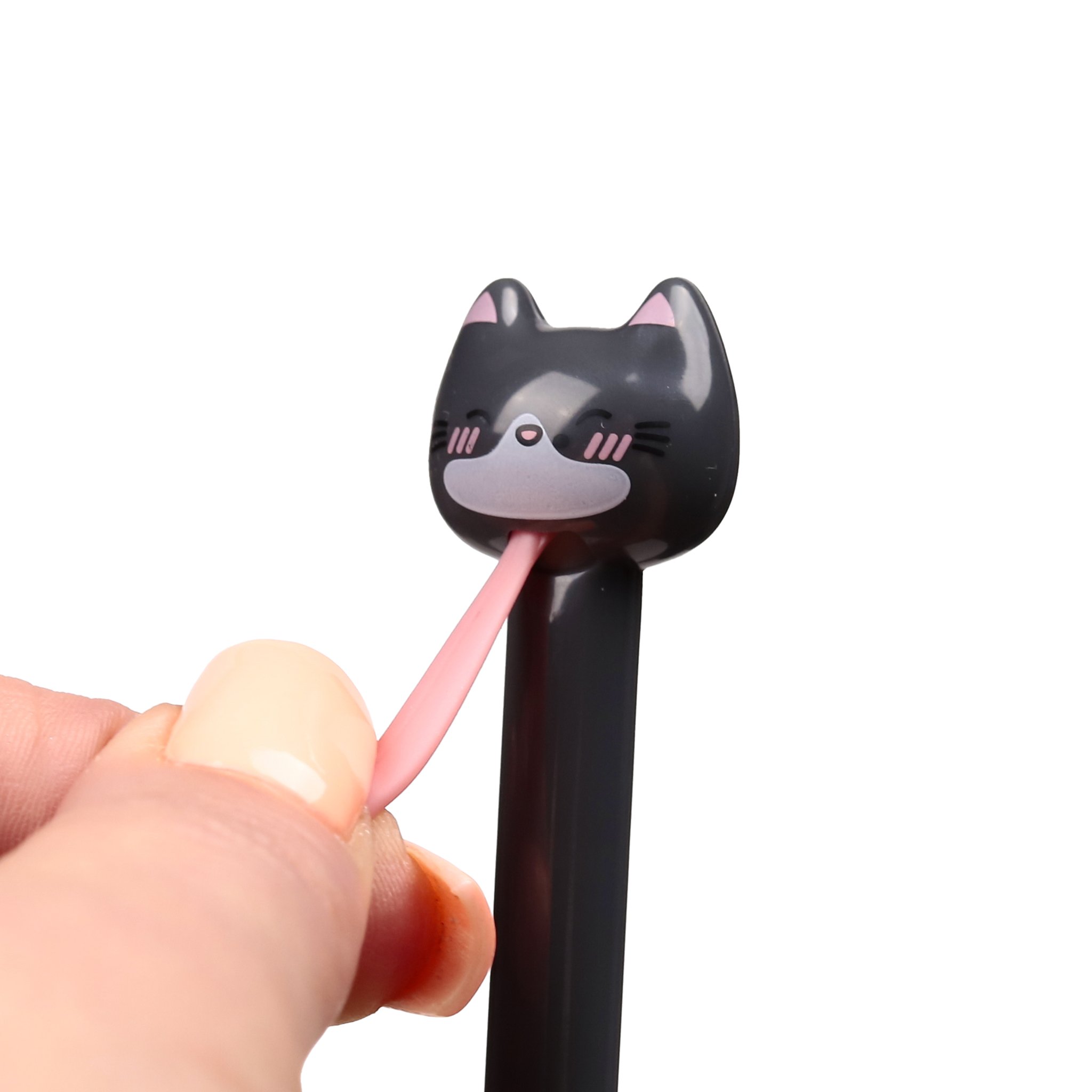 Hand pressing the black cat pen, tongue popping out