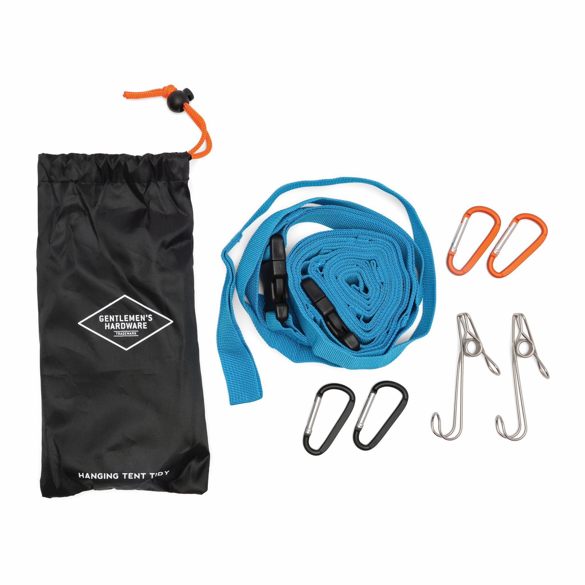 Black drawstring bag with logo beside the strap, carabiners and spring clips of the Hanging tent tidy set