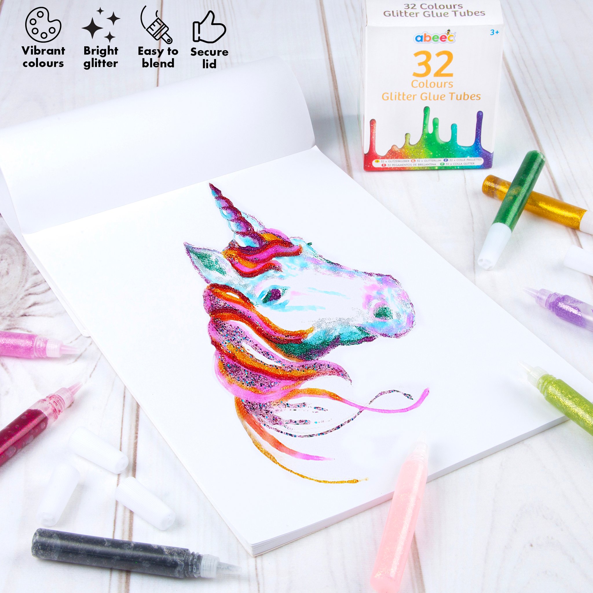 Mit abeec Glitzerkleber gestaltetes Einhorn-Bild
