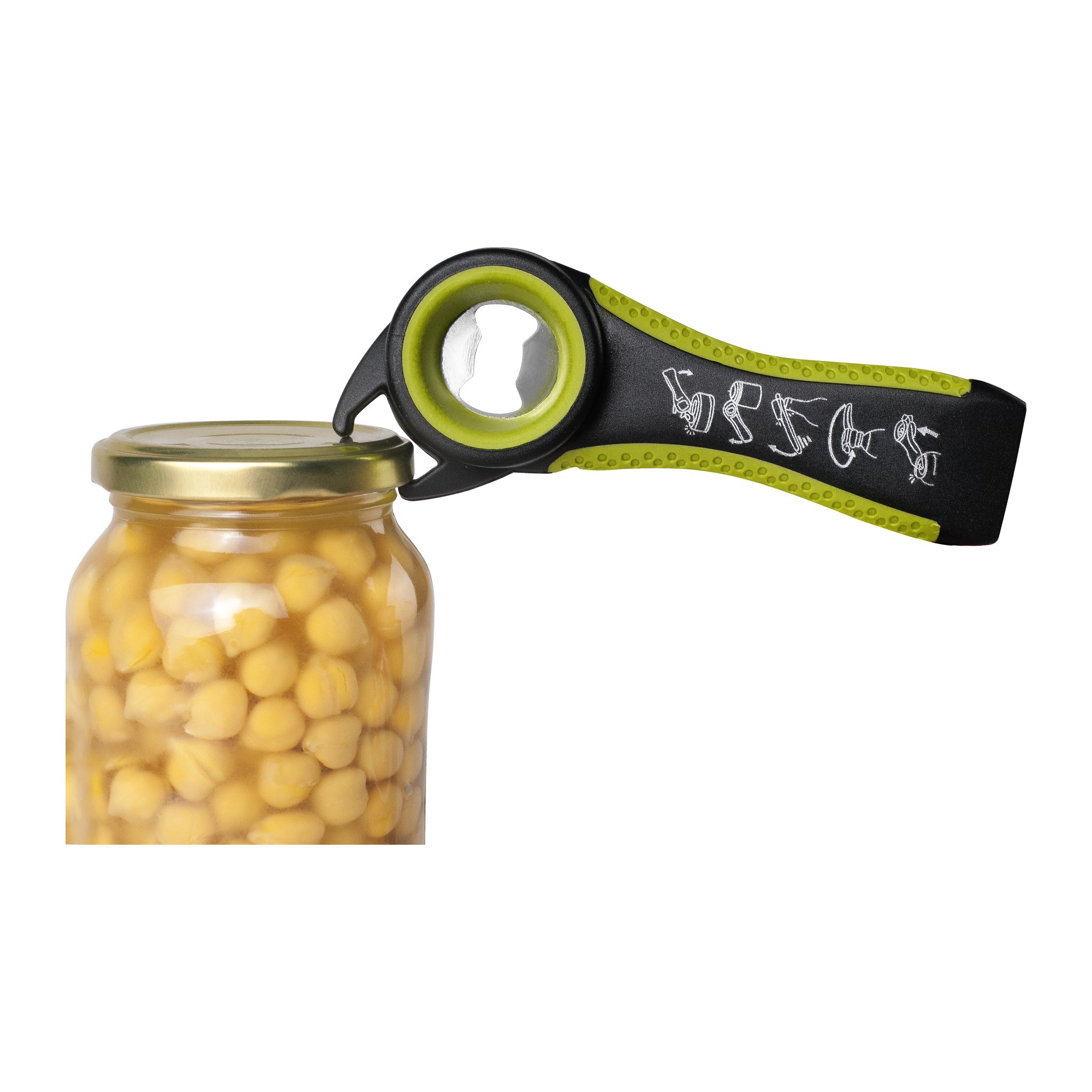 5-in-1 opener loosening the lid of a jar of chickpeas