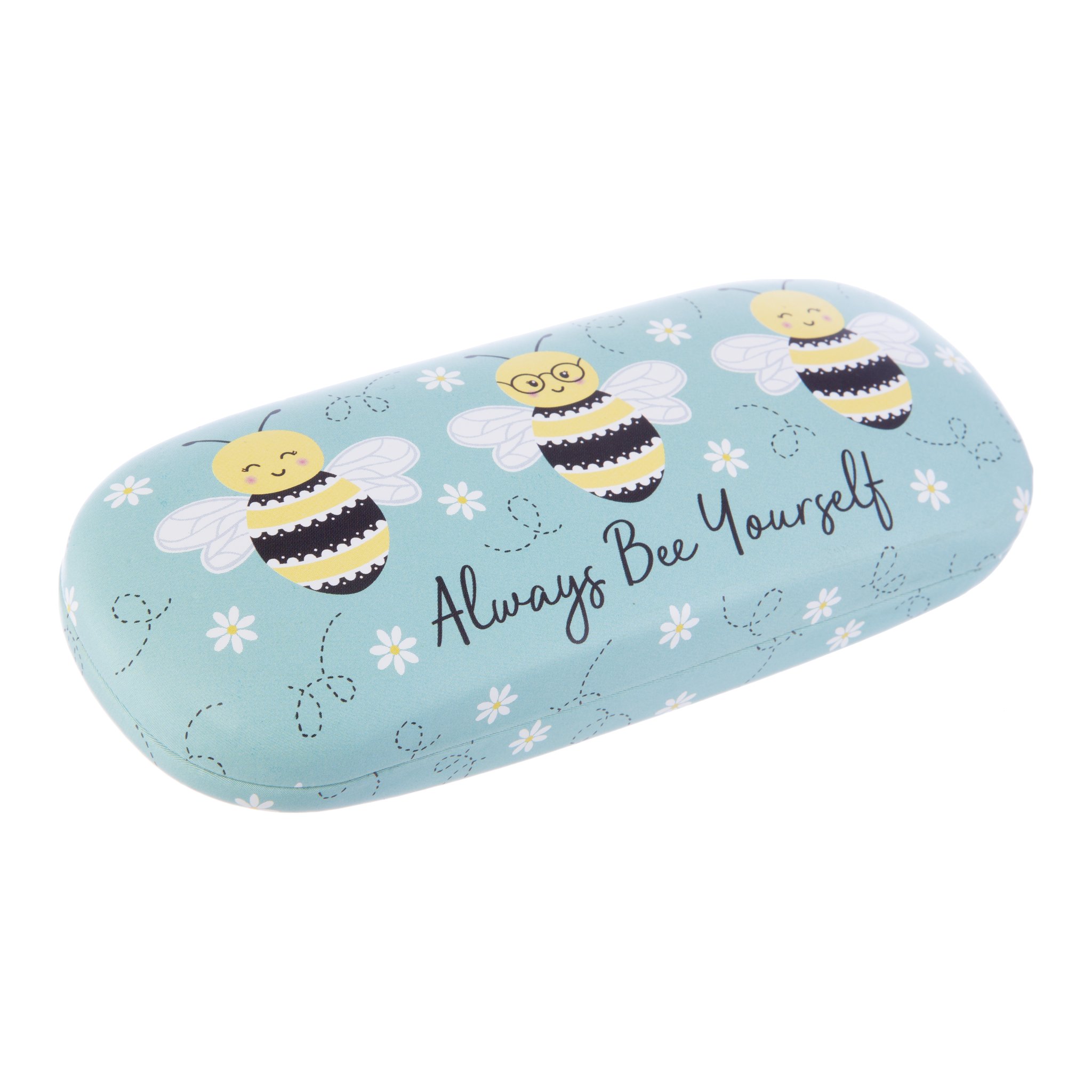 Bienen-Brillenetui schräg von oben, hellblaues Hartschalen-Etui mit Bienen
