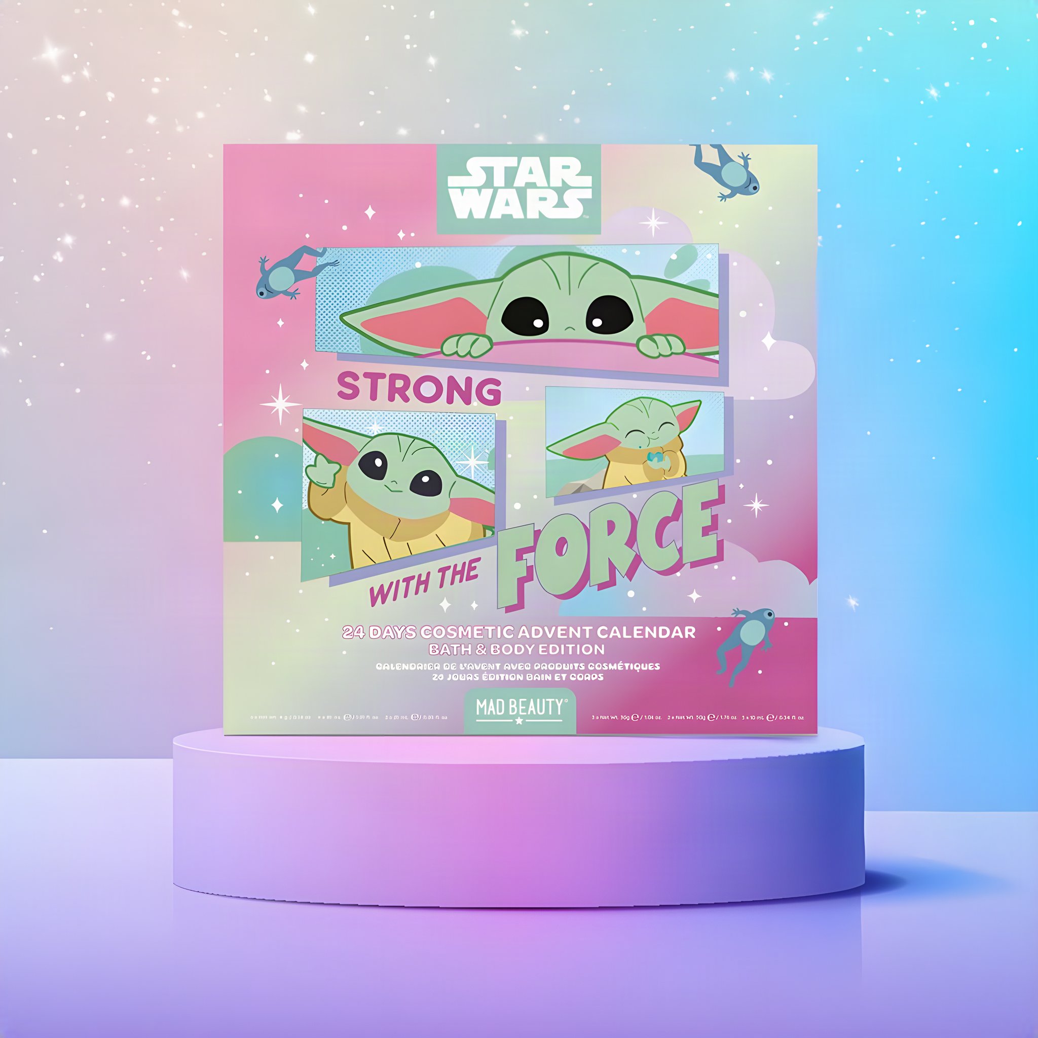 Calendario dell'Avvento Star Wars Grogu «Strong with the Force» su un podio, cielo pastello glitterato
