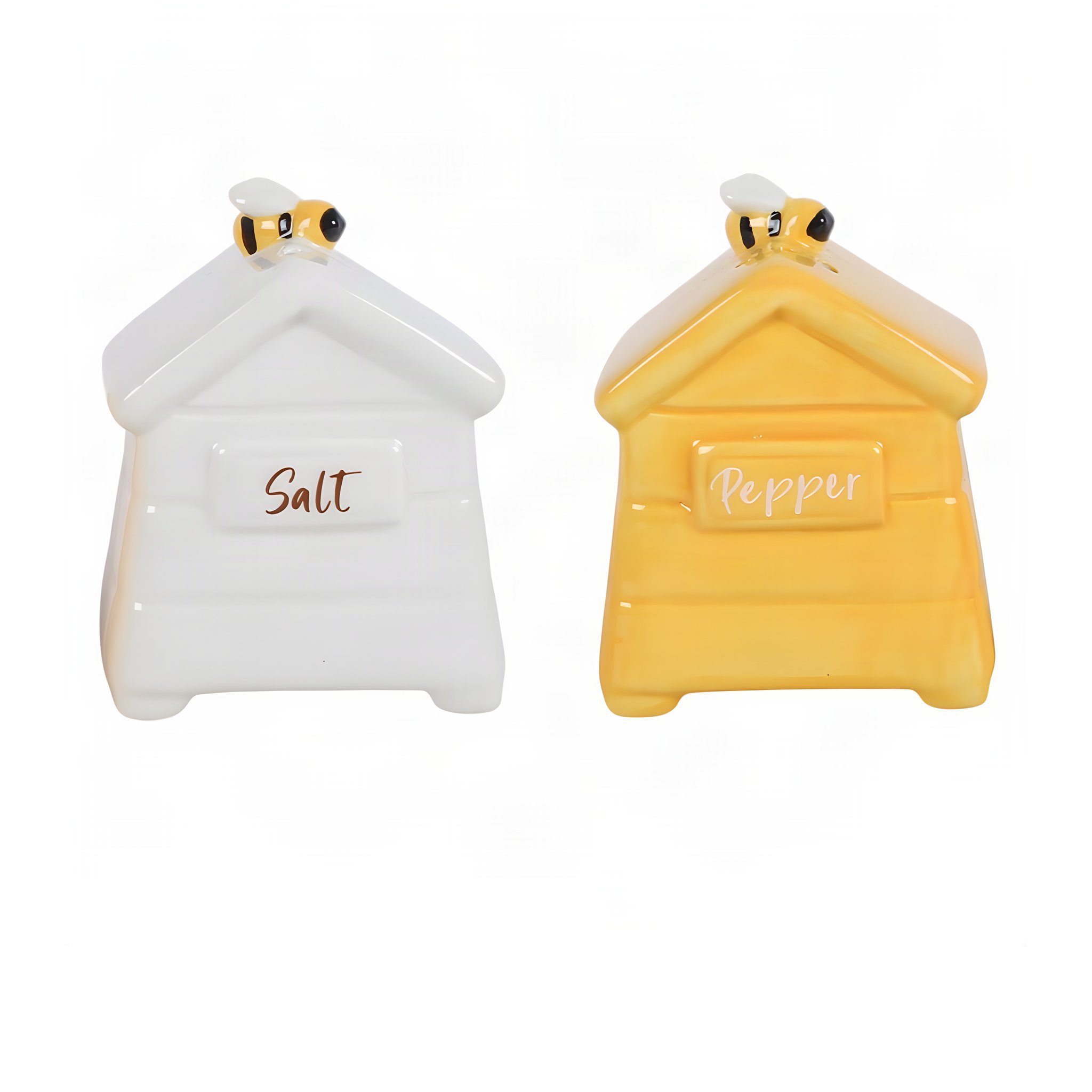 Salière blanche et poivrière jaune en forme de ruche, de face, avec inscriptions Salt et Pepper