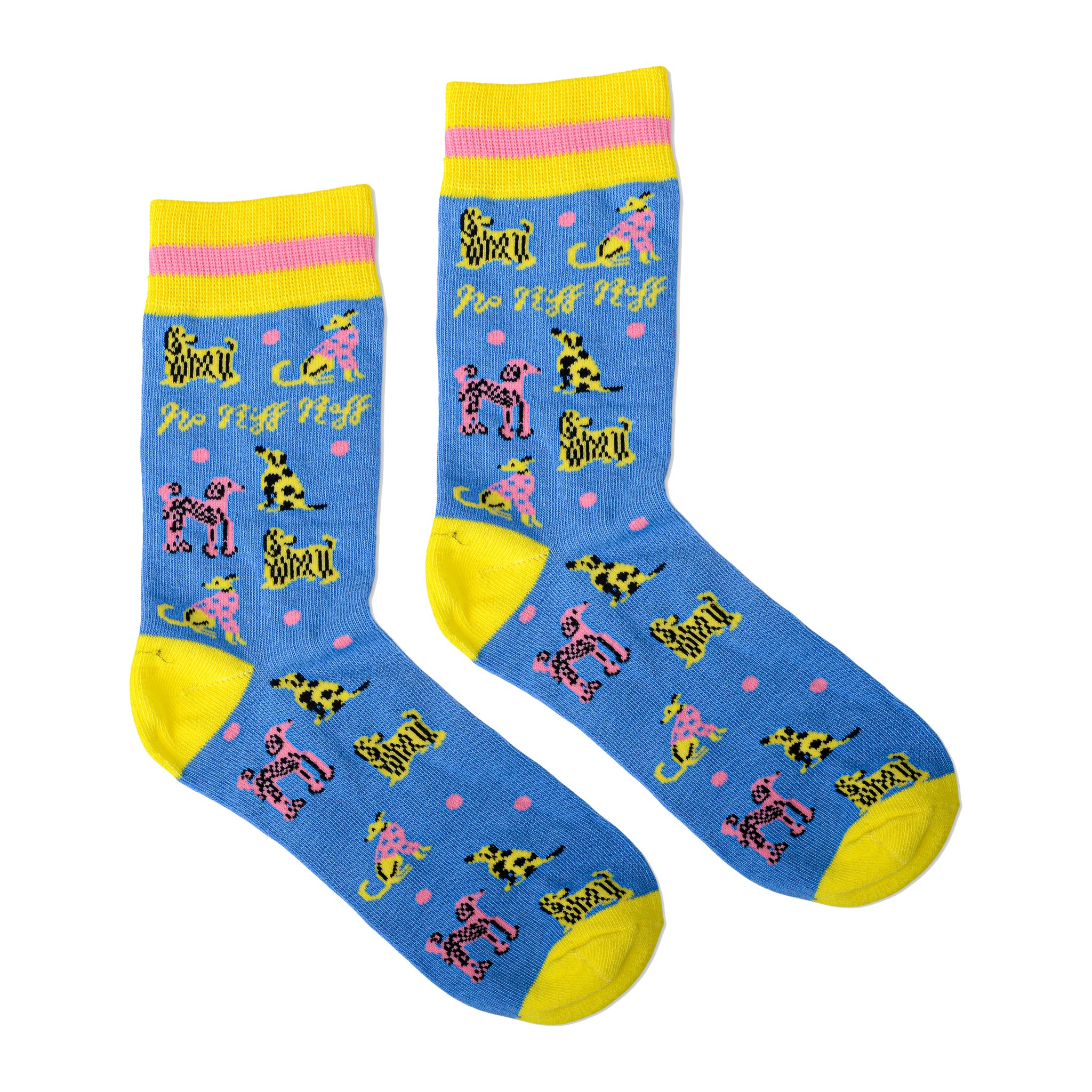 Chaussettes bleues avec caniches et chiens tachetés, talon et pointe jaunes
