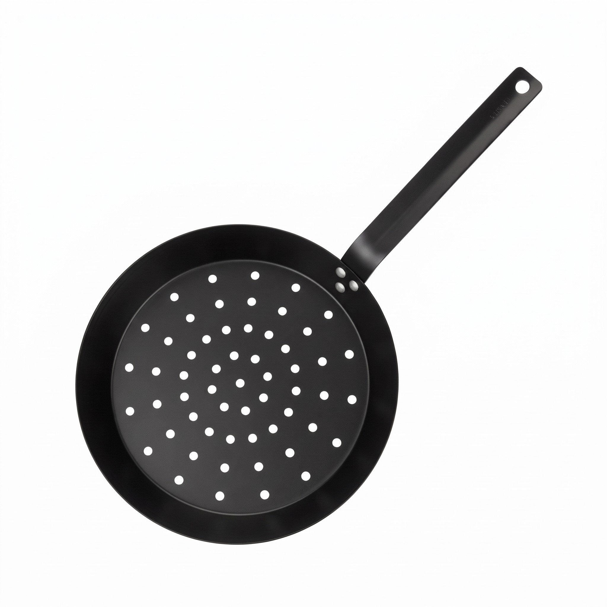 26 cm chestnut roasting pan seen from above with perforated base on a white background