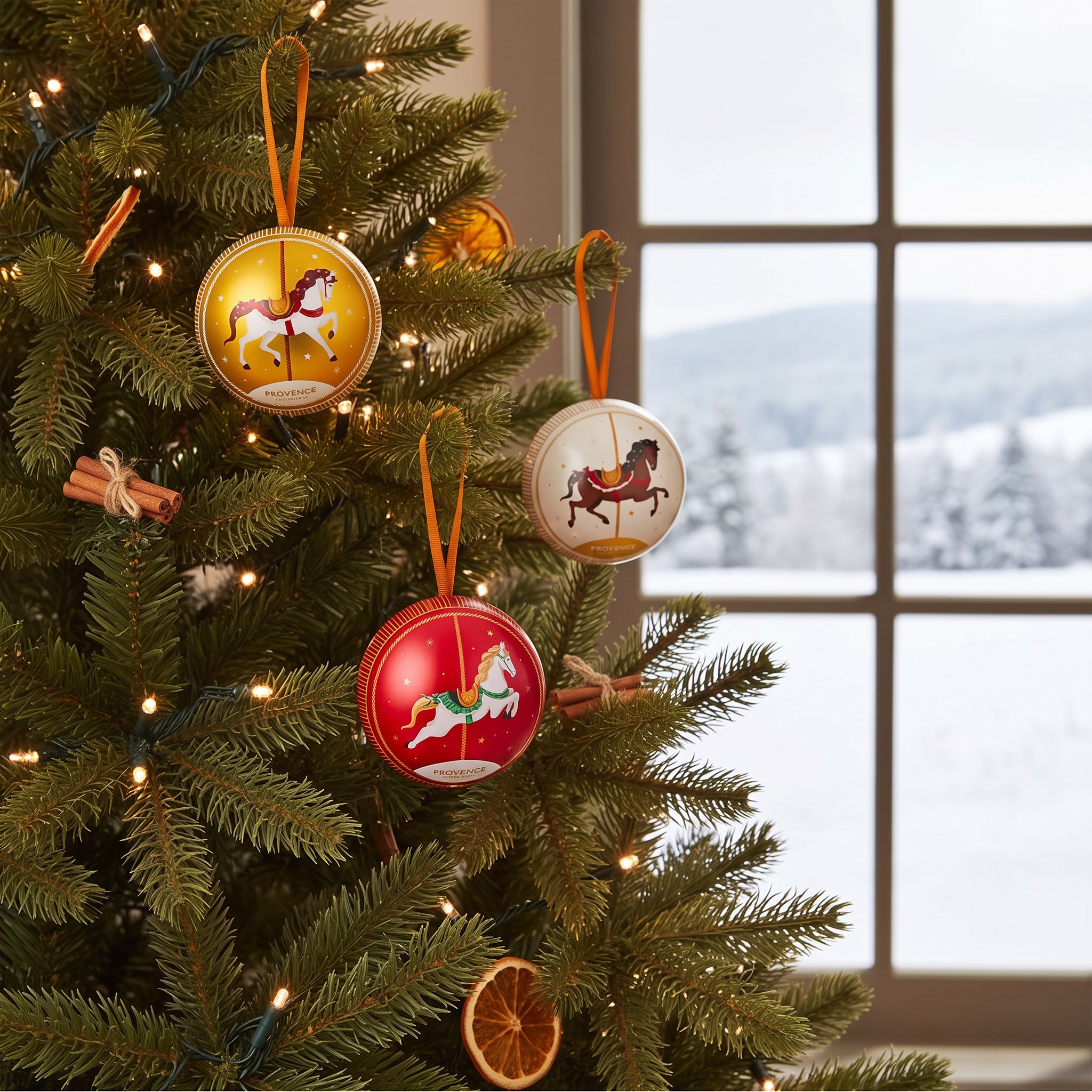 The three Christmas baubles in gold, red and pearl white hanging on the Christmas tree in front of a window with a snowy landscape.