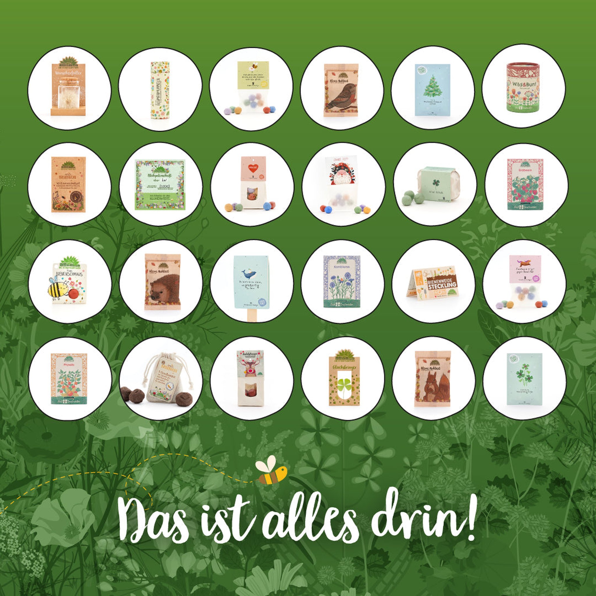 Übersicht der 24 Überraschungen des Stadtgärtner-Adventskalenders unter dem Titel Das ist alles drin