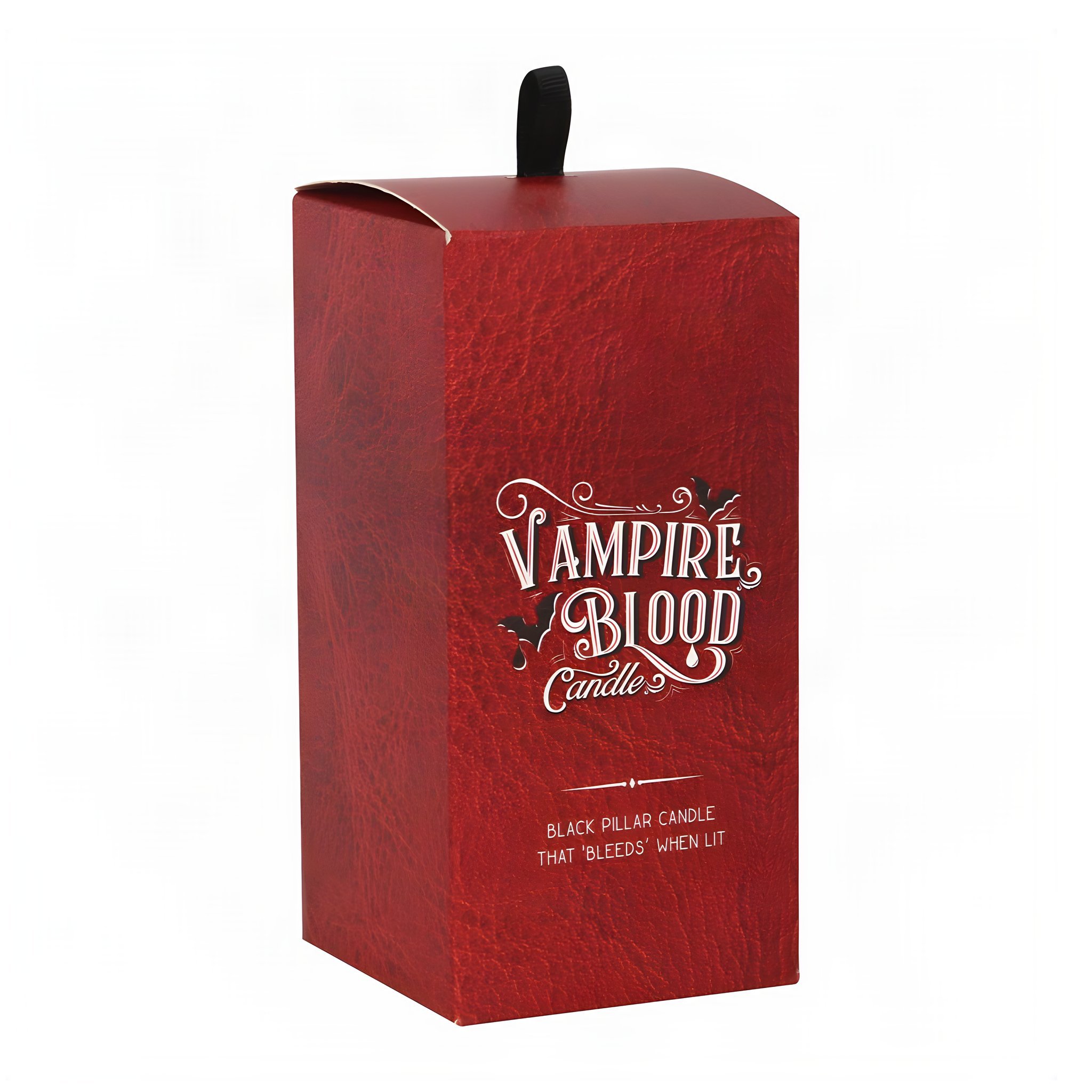 Rote Geschenkverpackung der Vampirblut-Stumpenkerze mit Aufhänger, Vorderseite