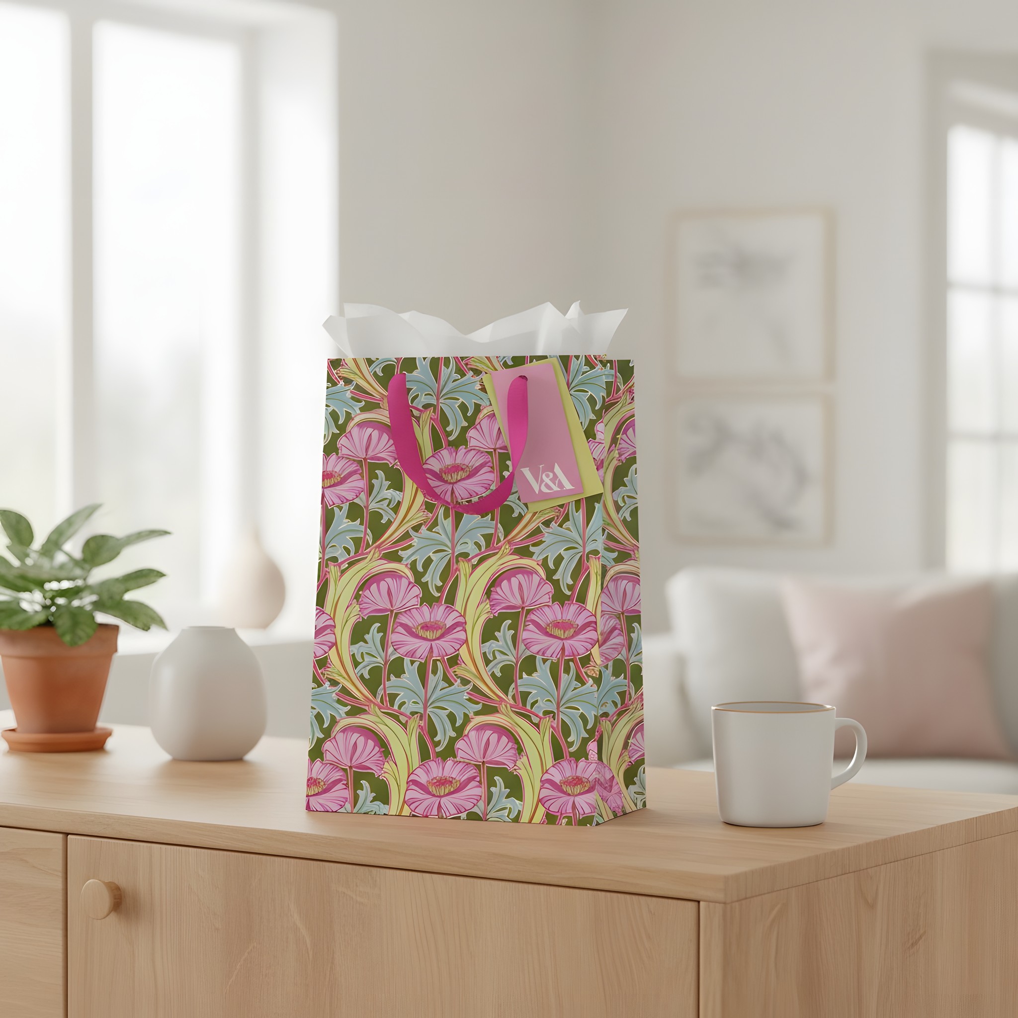 Busta regalo grande V&A con papaveri rosa di Ohh Deer con carta velina e tazza su una credenza in soggiorno