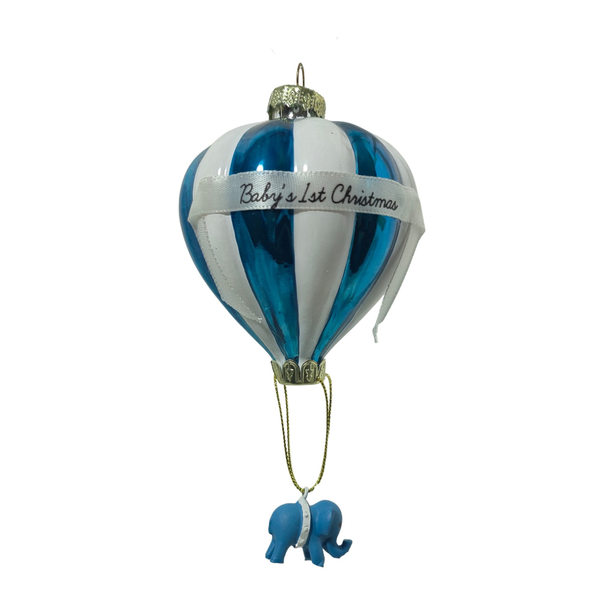 Pendente mongolfiera in vetro blu e bianco con elefante, scontornato