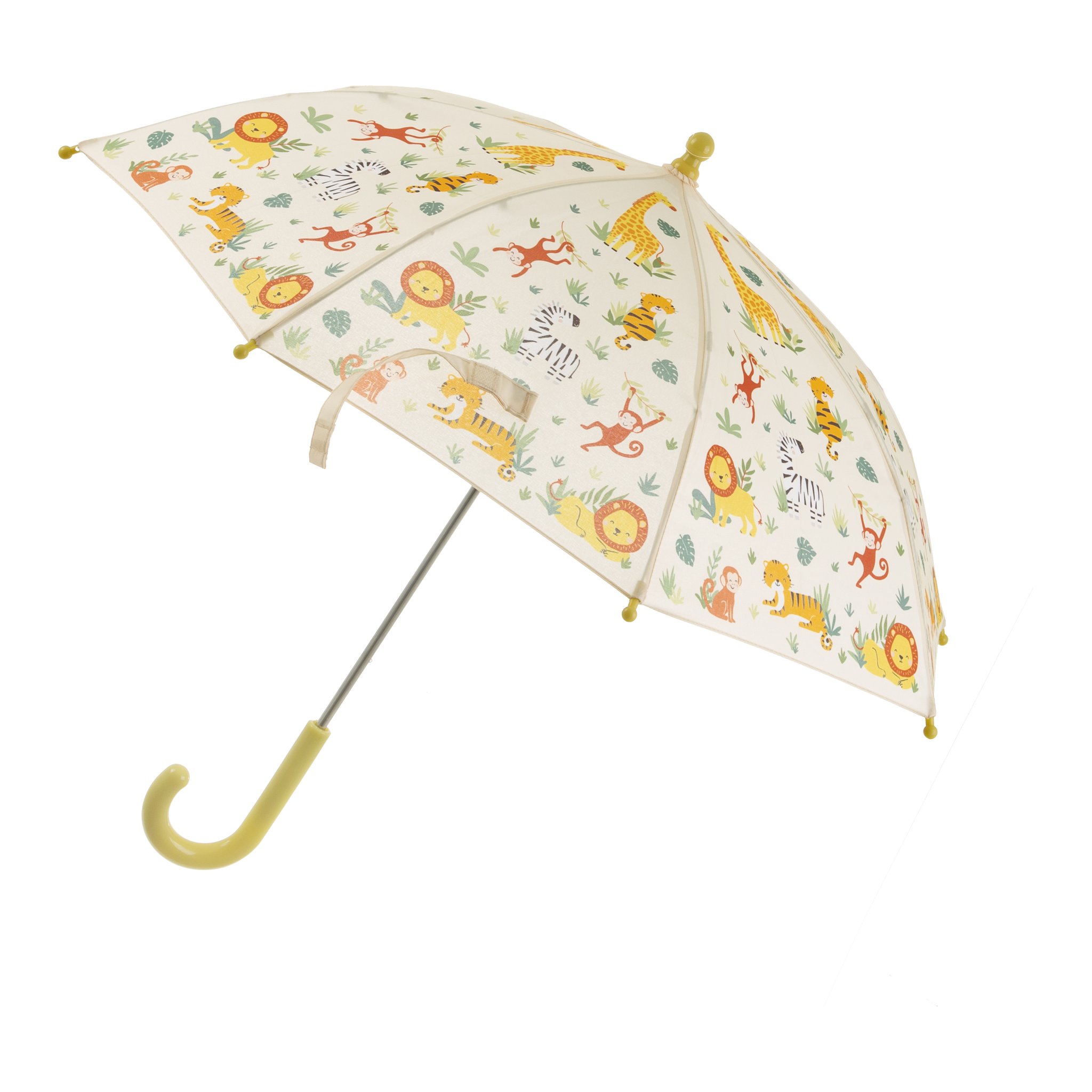 Parapluie enfant Savannah Safari ouvert, détouré, avec animaux de la savane et poignée jaune