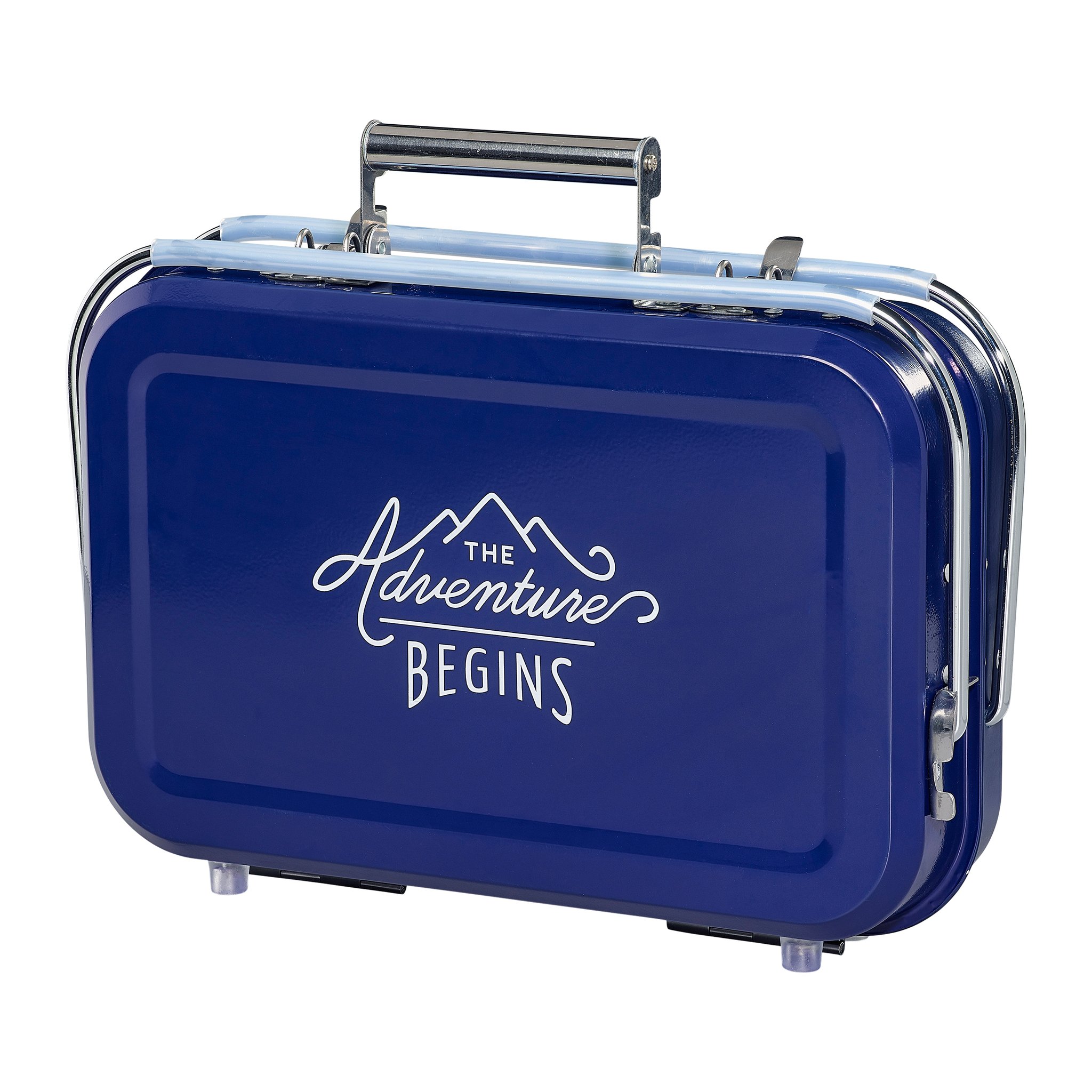 Large Portable BBQ in navy blue, closed and seen at a slight angle, with a metal handle and lettering on the lid