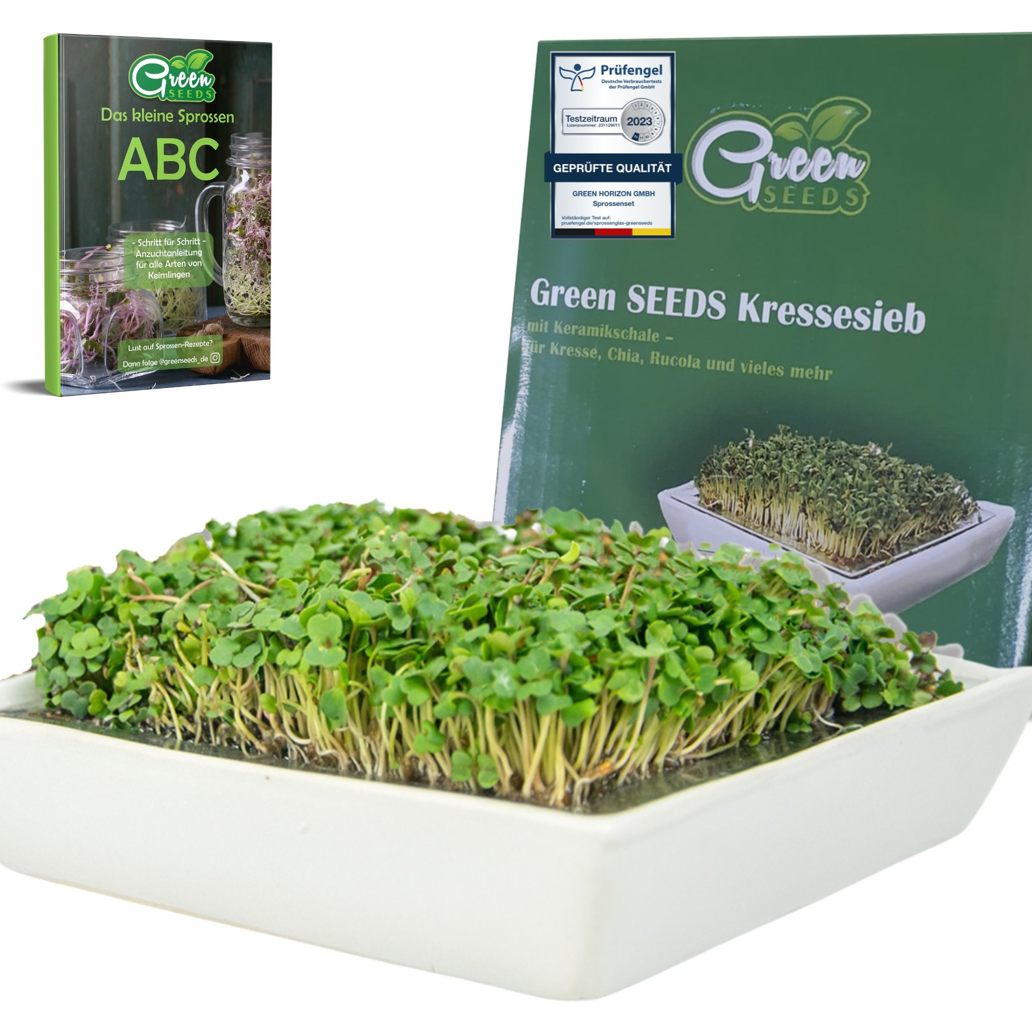 Cress Sieve complete set: sieve with cress, packaging and sprouting guide booklet