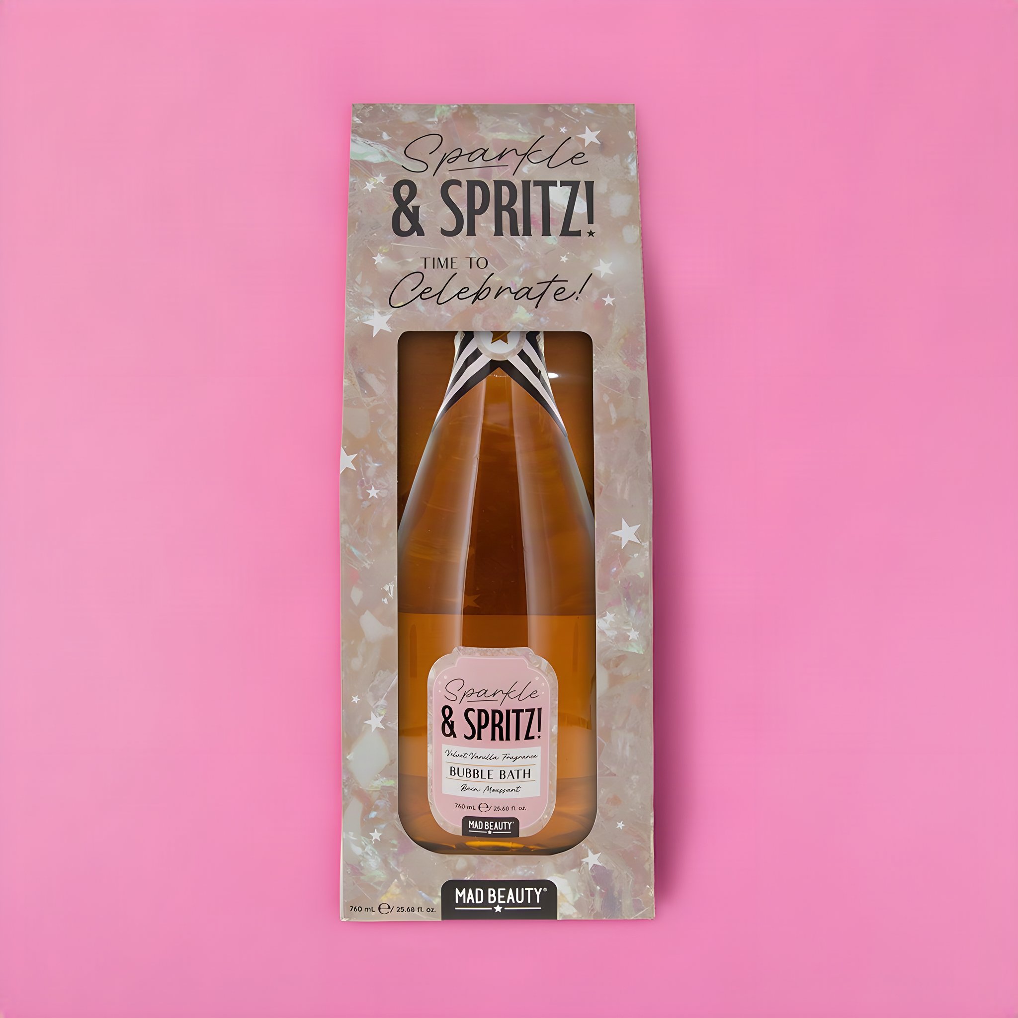 Schaumbad in Sektflaschen-Form in der Verpackung mit Sichtfenster von Sparkle & Spritz, rosa Grund