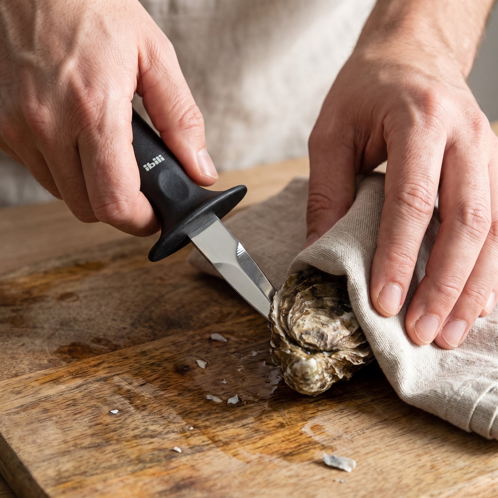 Hands placing the oyster knife at the hinge while the oyster is held safely in a linen towel