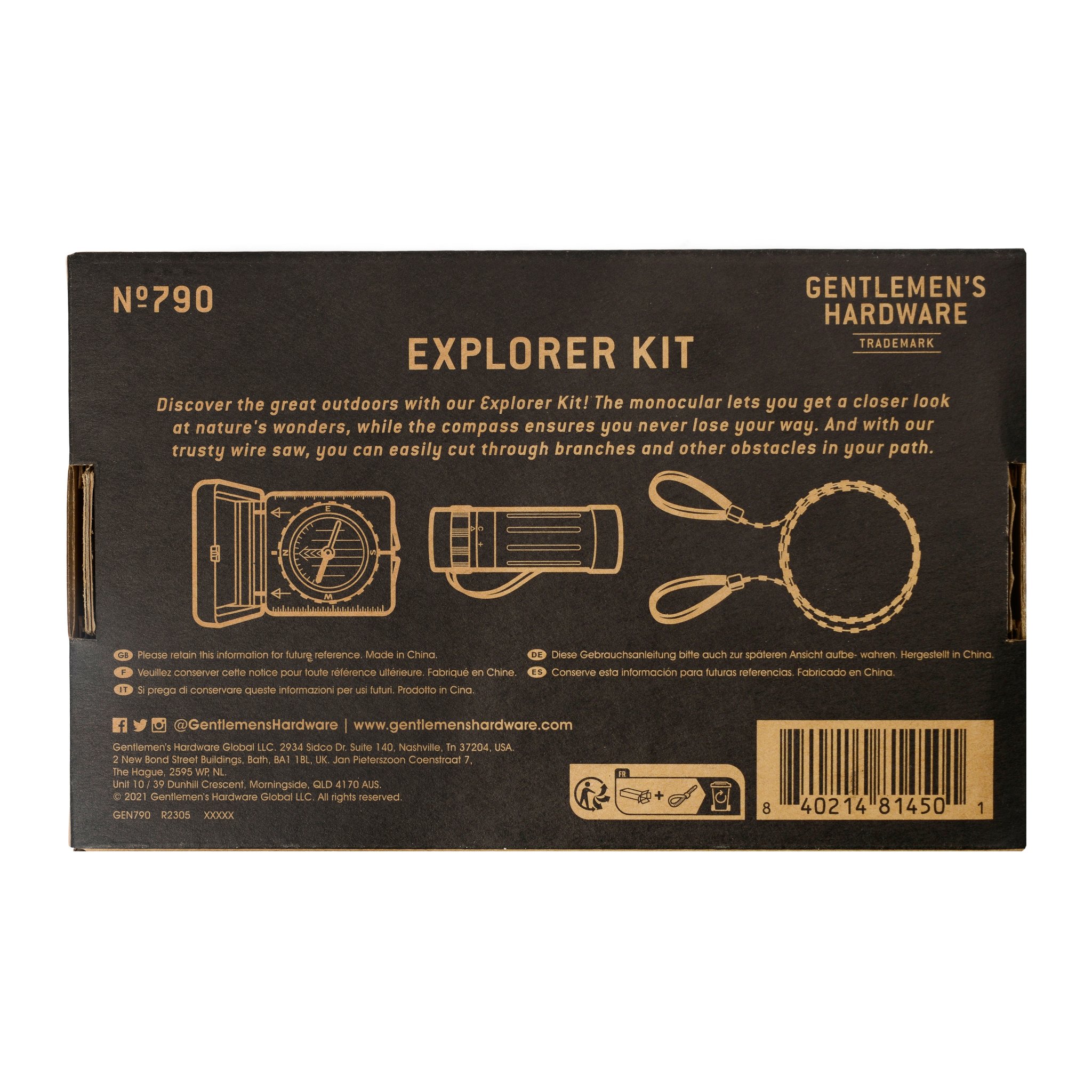 Dos noir et or de la boîte du Kit d'exploration avec texte descriptif, trois dessins et code-barres