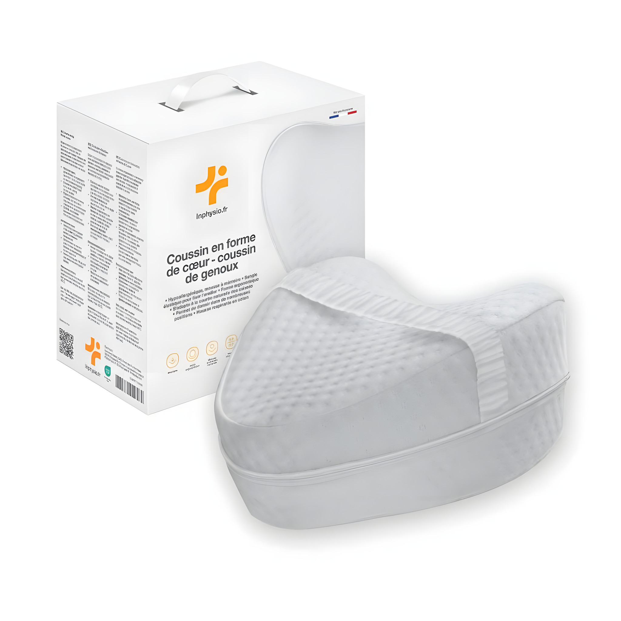 Ergonomisches Knie-Kissen in Herzform neben seiner Verpackung von Inphysio