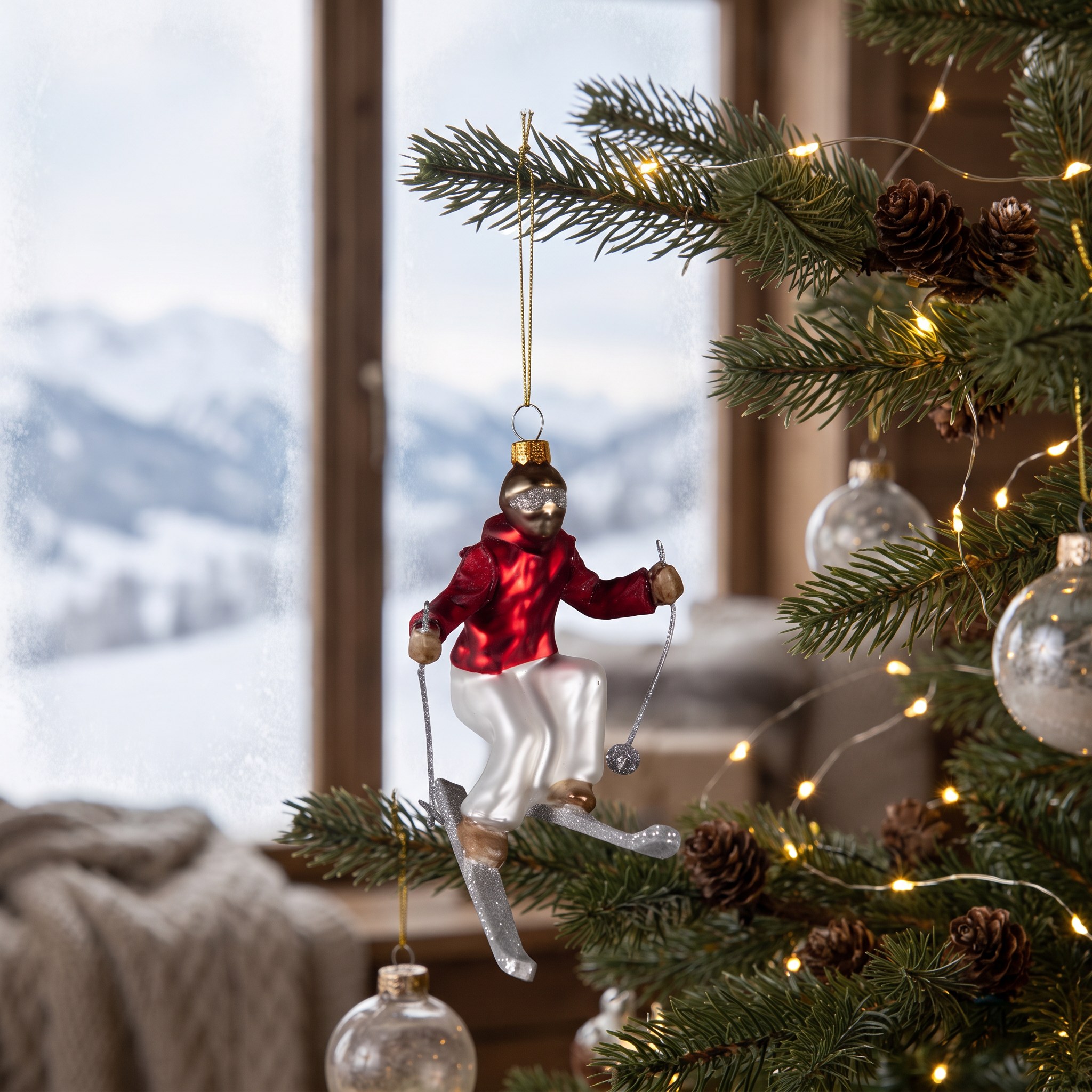 Christbaumschmuck Skifahrer mit roter Jacke am Tannenzweig, dahinter Winterlandschaft