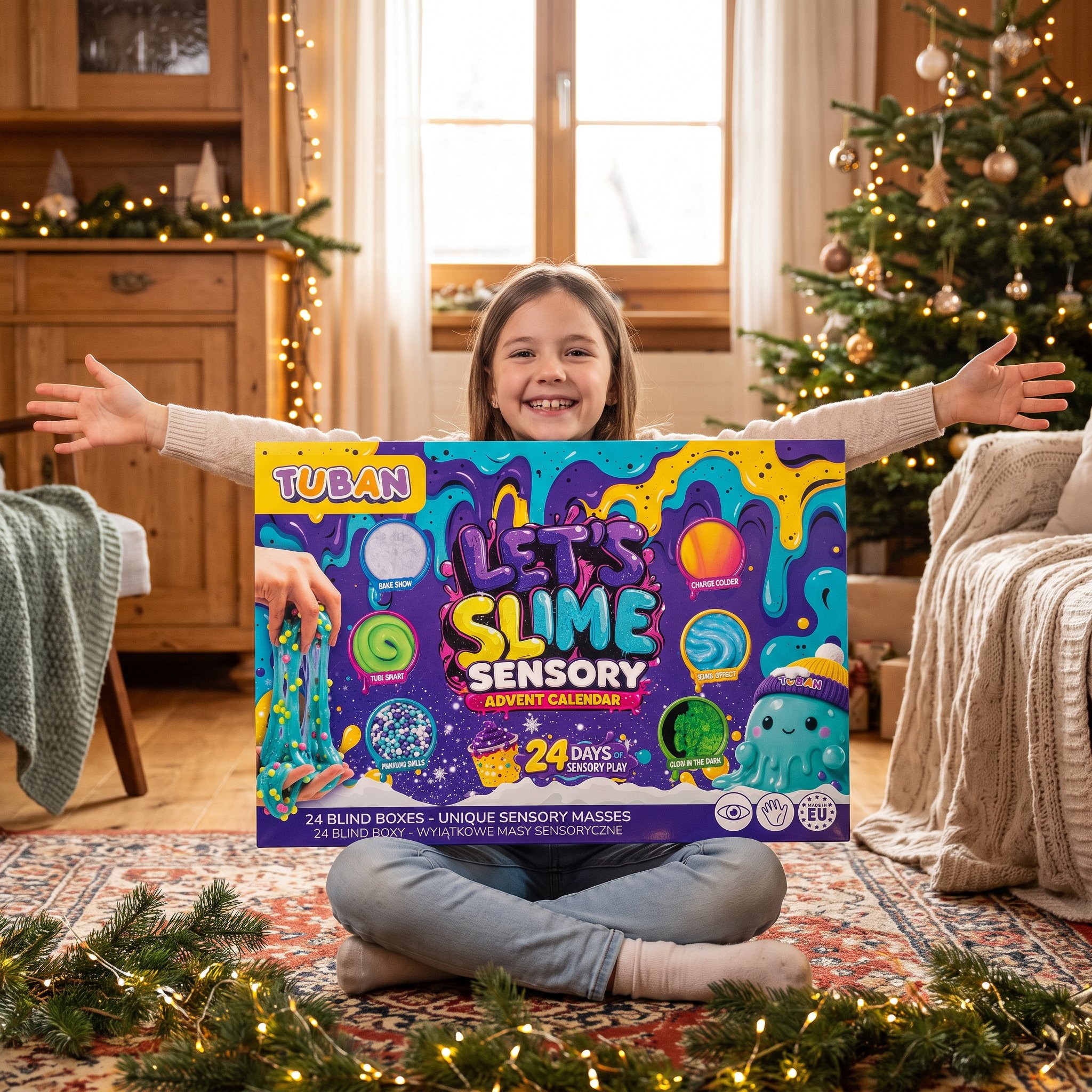 Fillette assise derrière le calendrier de l'Avent Let's Slime, les bras grands ouverts de joie