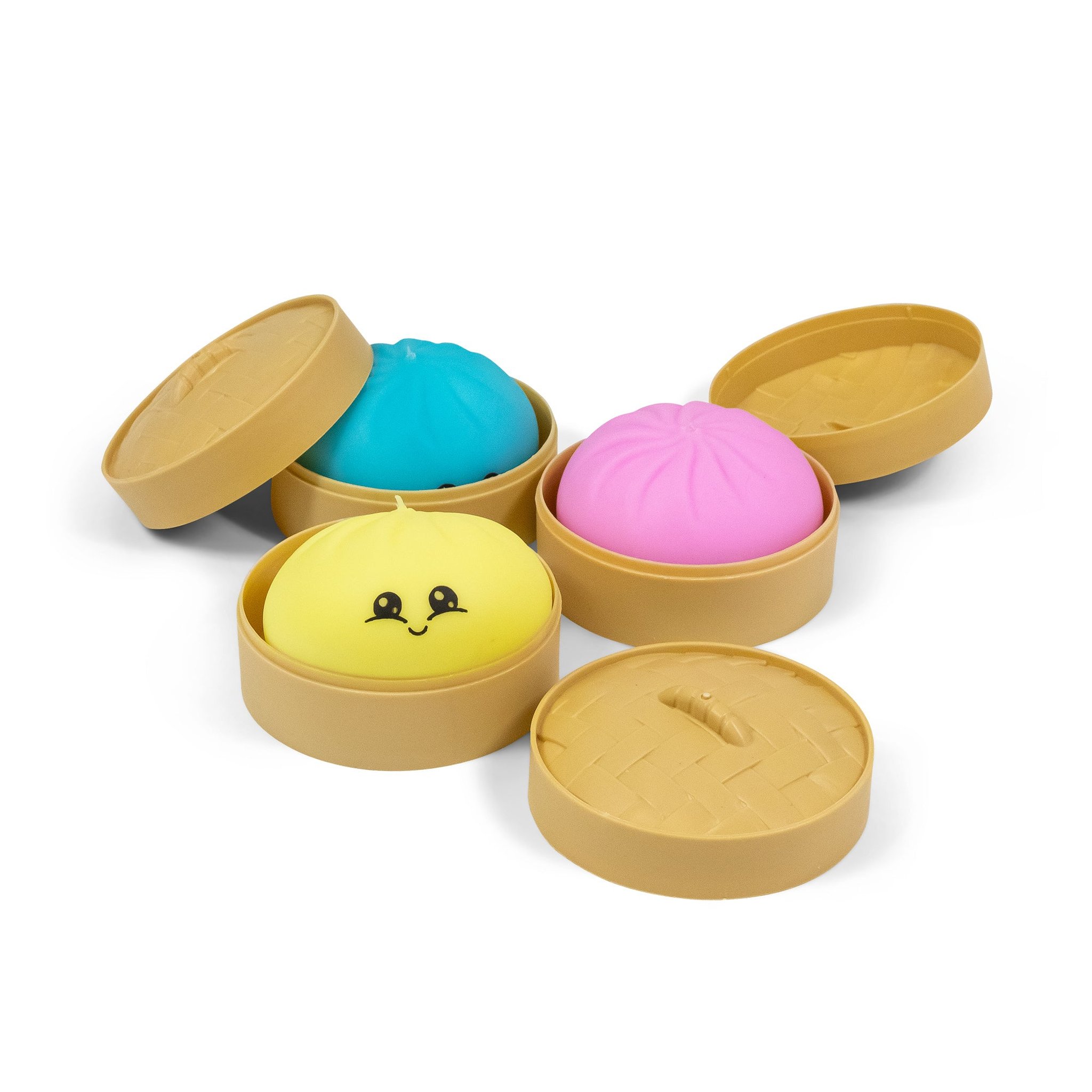 Scrunchems Dumpling Squishy in Blau, Gelb und Pink mit Bambuskörbchen