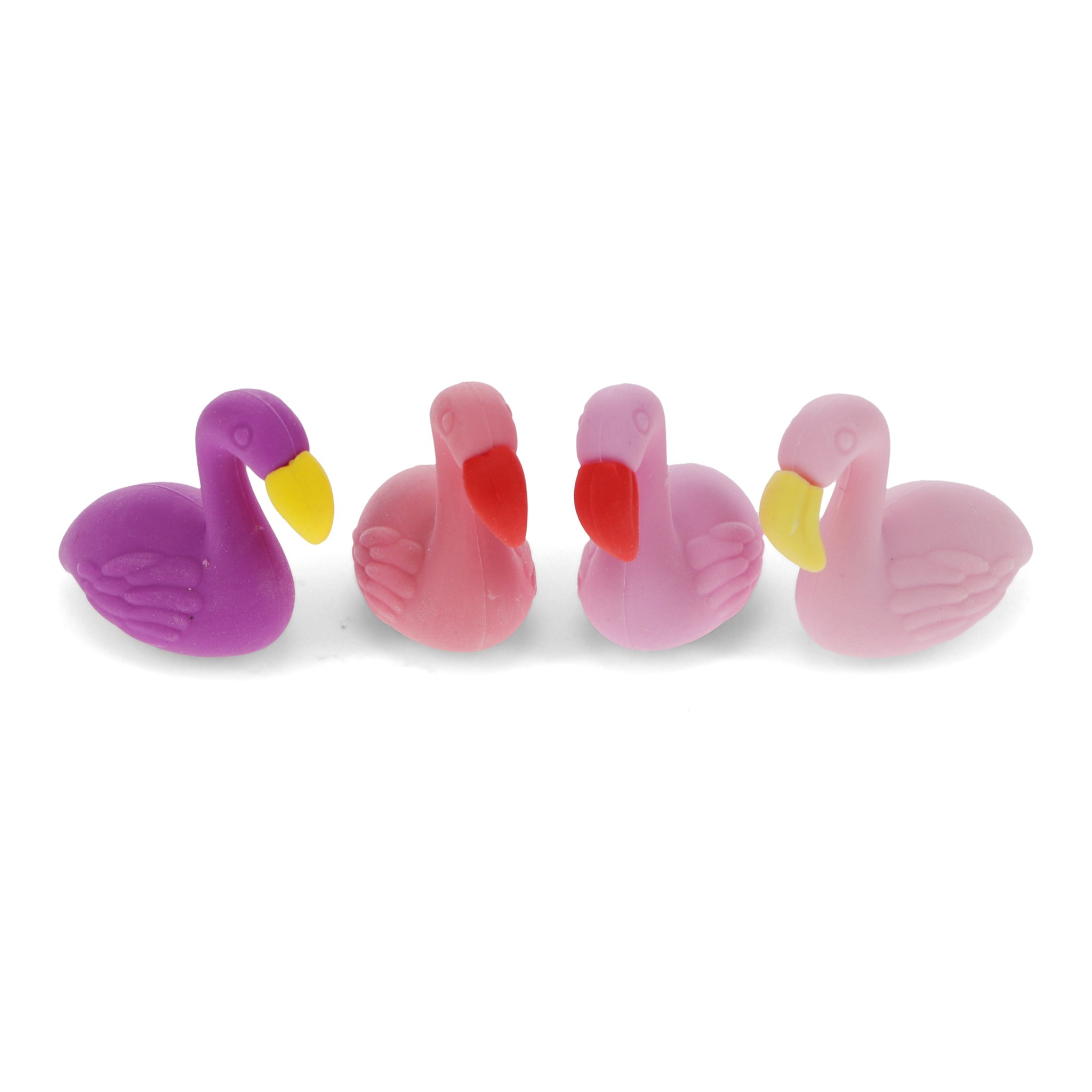 Die vier Flamingo Radiergummi-Aufsätze nebeneinander, freigestellt