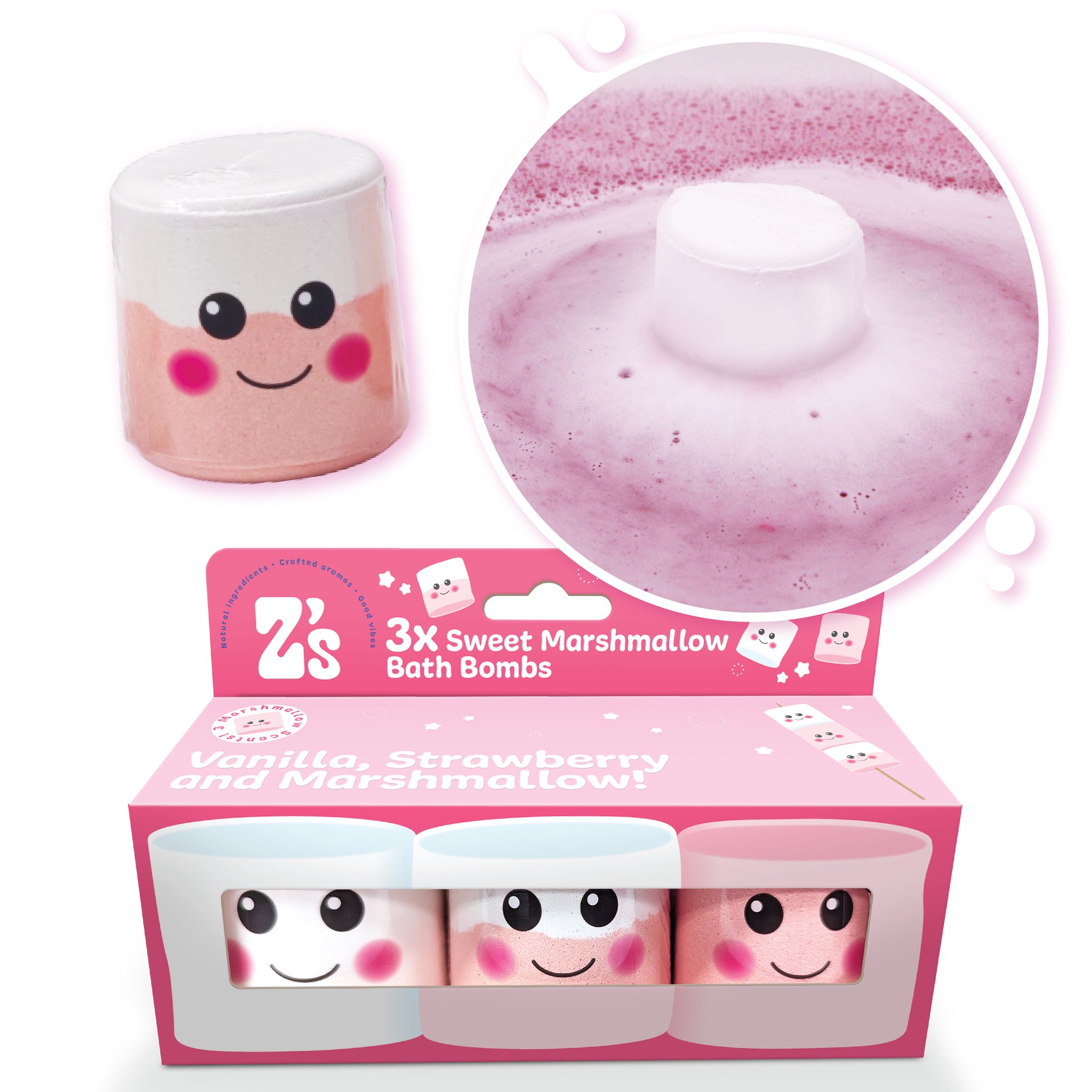 Marshmallow bath bomb next to the box, with one fizzing in the bath water in a circle
