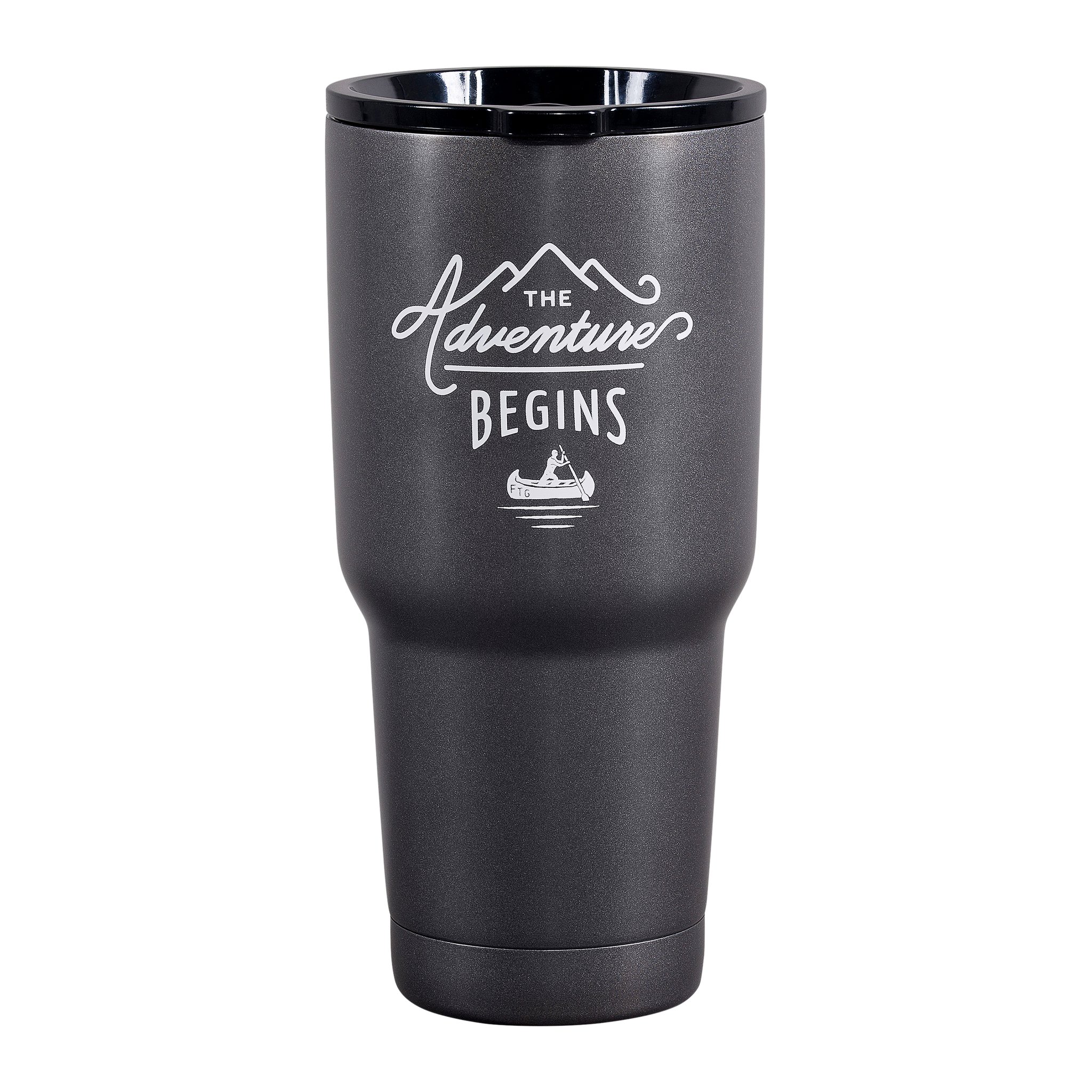 Dark grey Travel Coffee Mug with black lid and white «The Adventure Begins» print with a canoe, front view