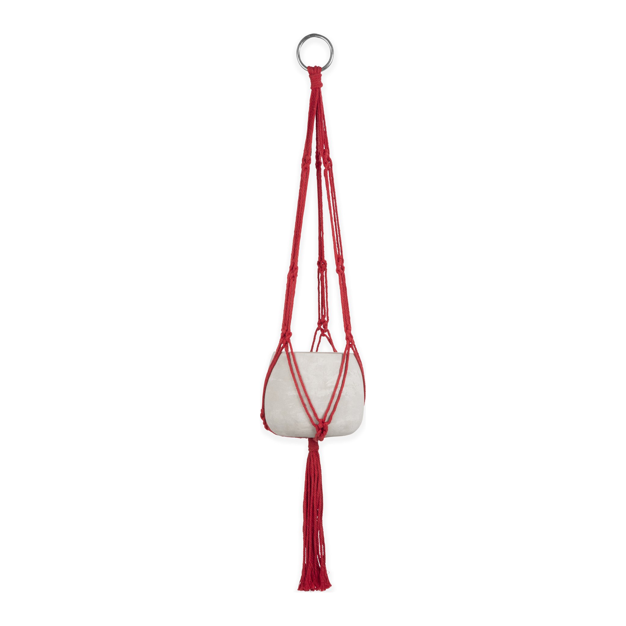 Roter Makramee-Blumentopf mit Ring und Betontopf